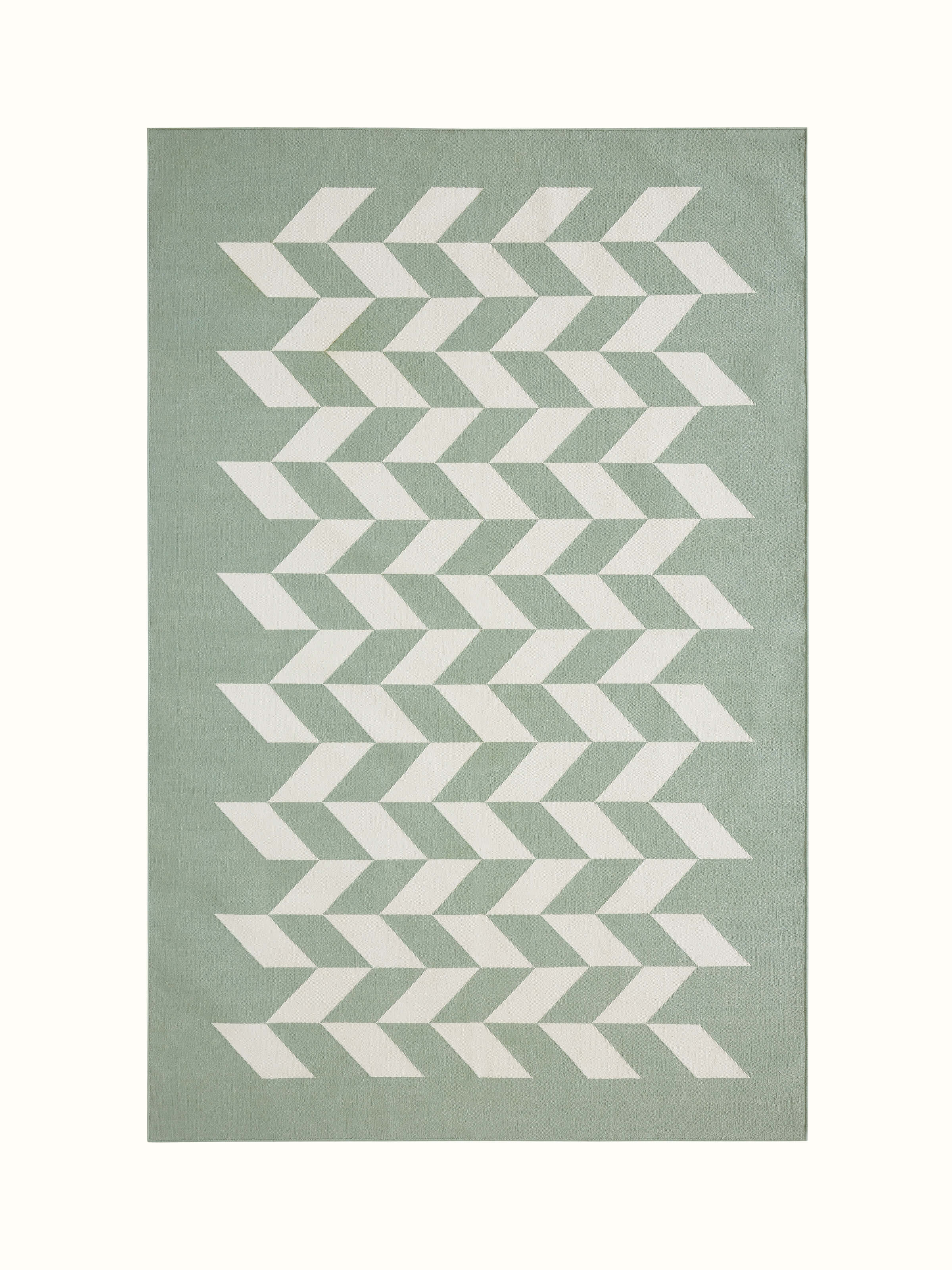 Full view of Modern geo chevron light green ivory lawan cotton panja dhurrie kharad showcasing its geometric chevron pattern.