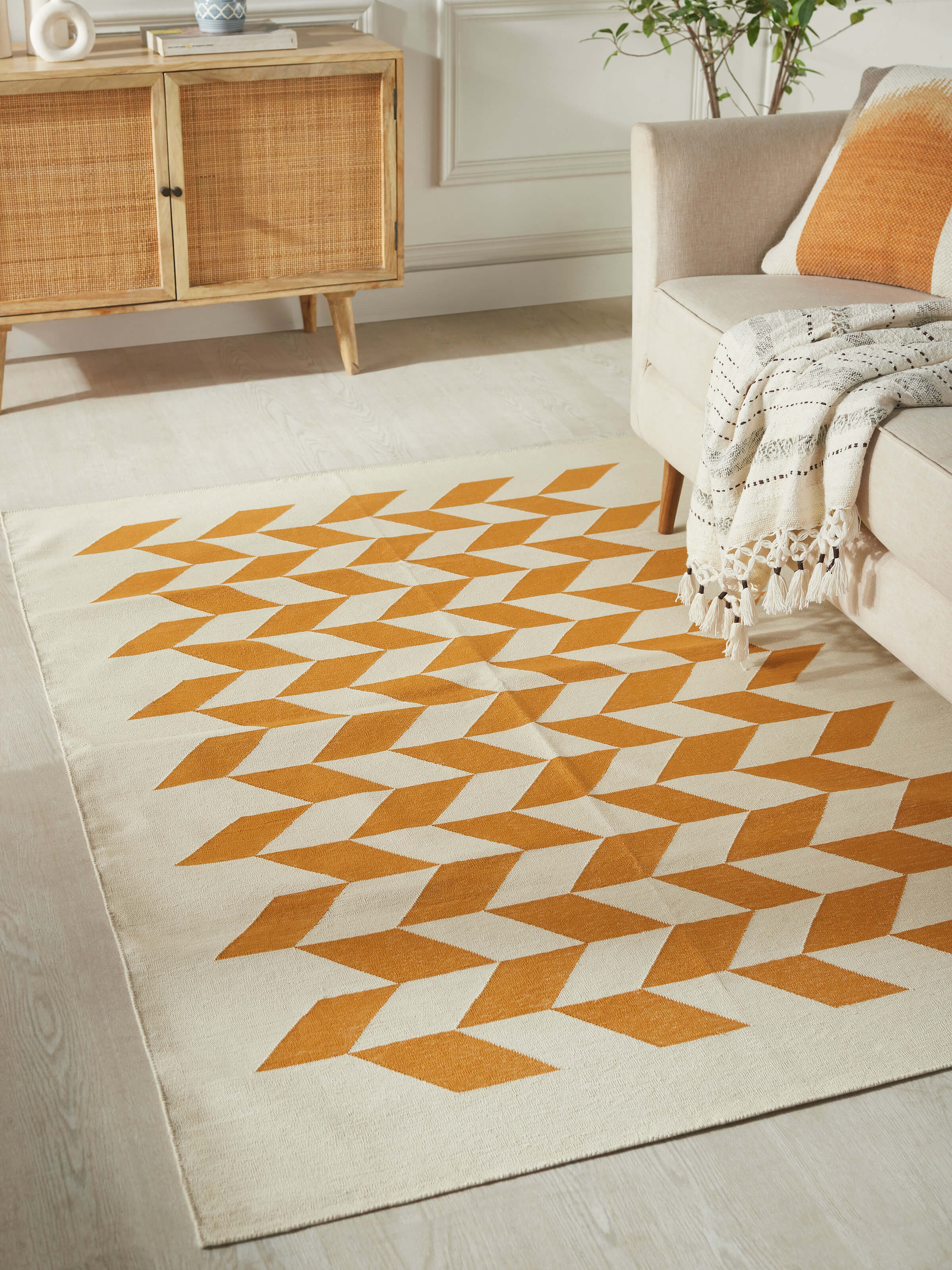 Close-up of Modern Geo grey tan Lawan cotton dhurrie highlighting the texture and design