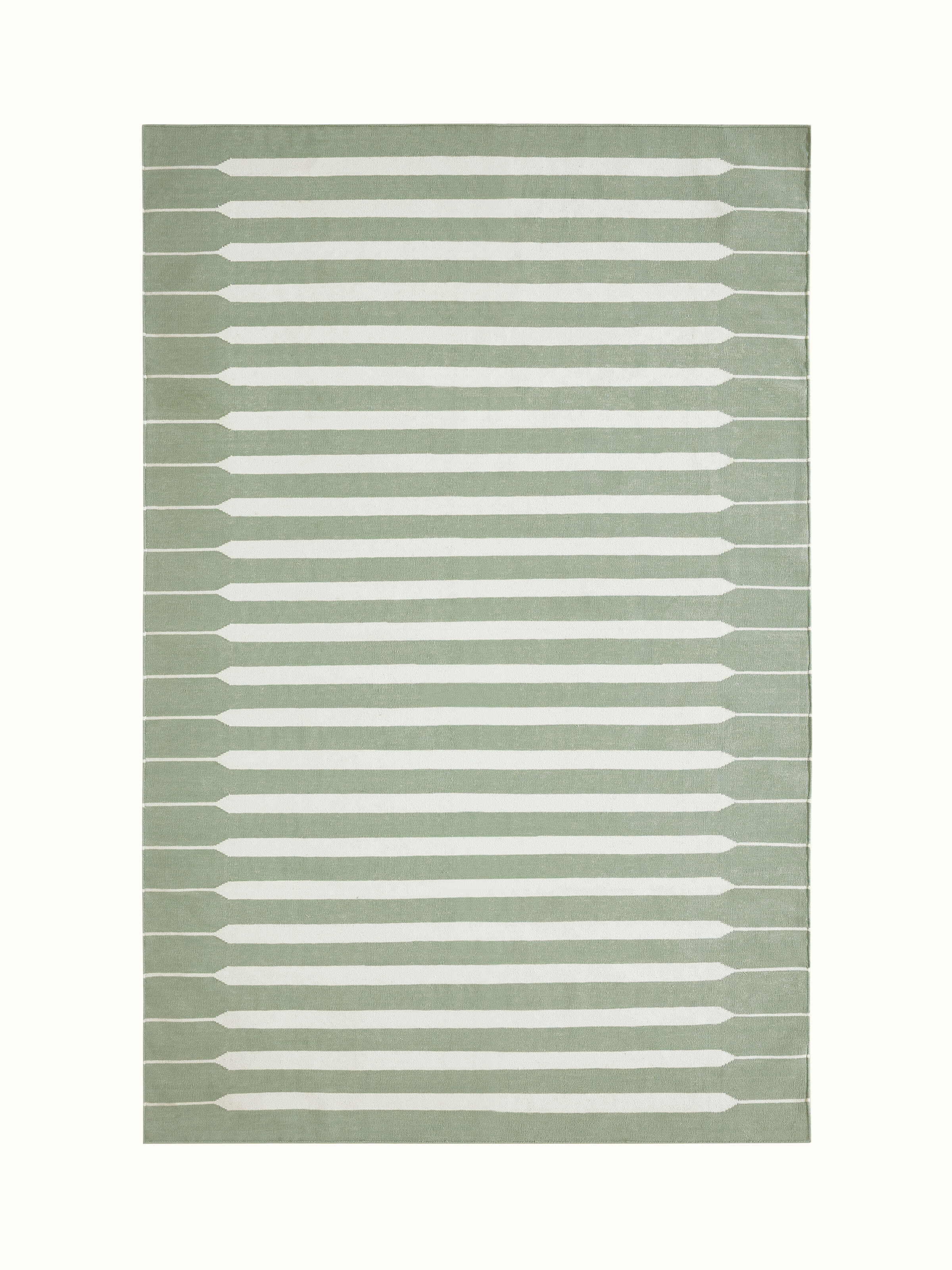 Modern geo stripe light green ivory lawan cotton panja dhurrie kharad with geometric stripe patterns in light green and ivory tones.