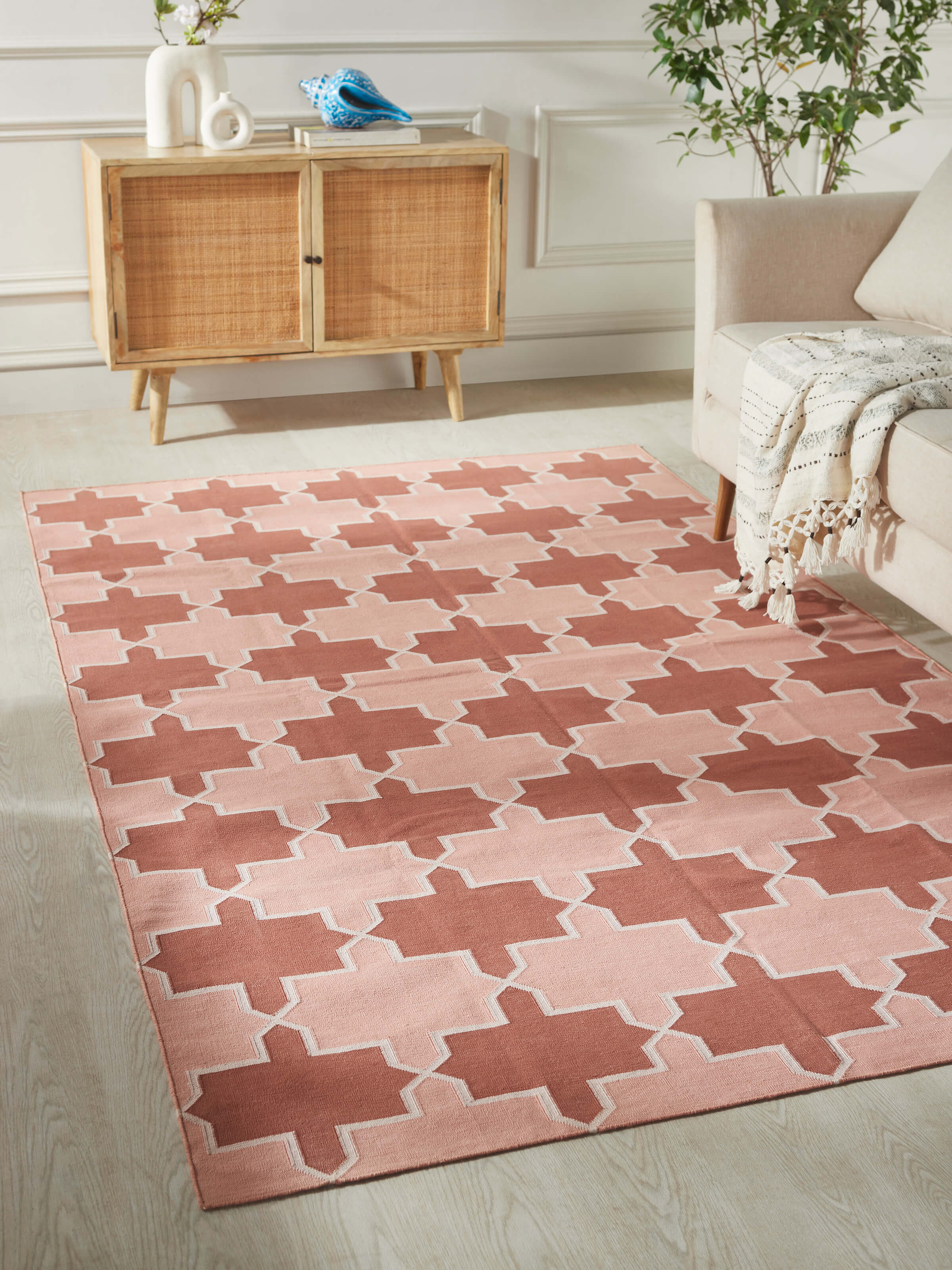 Side view of Modern Geo Red Blush Lawan Cotton Panja Dhurrie highlighting its texture and design