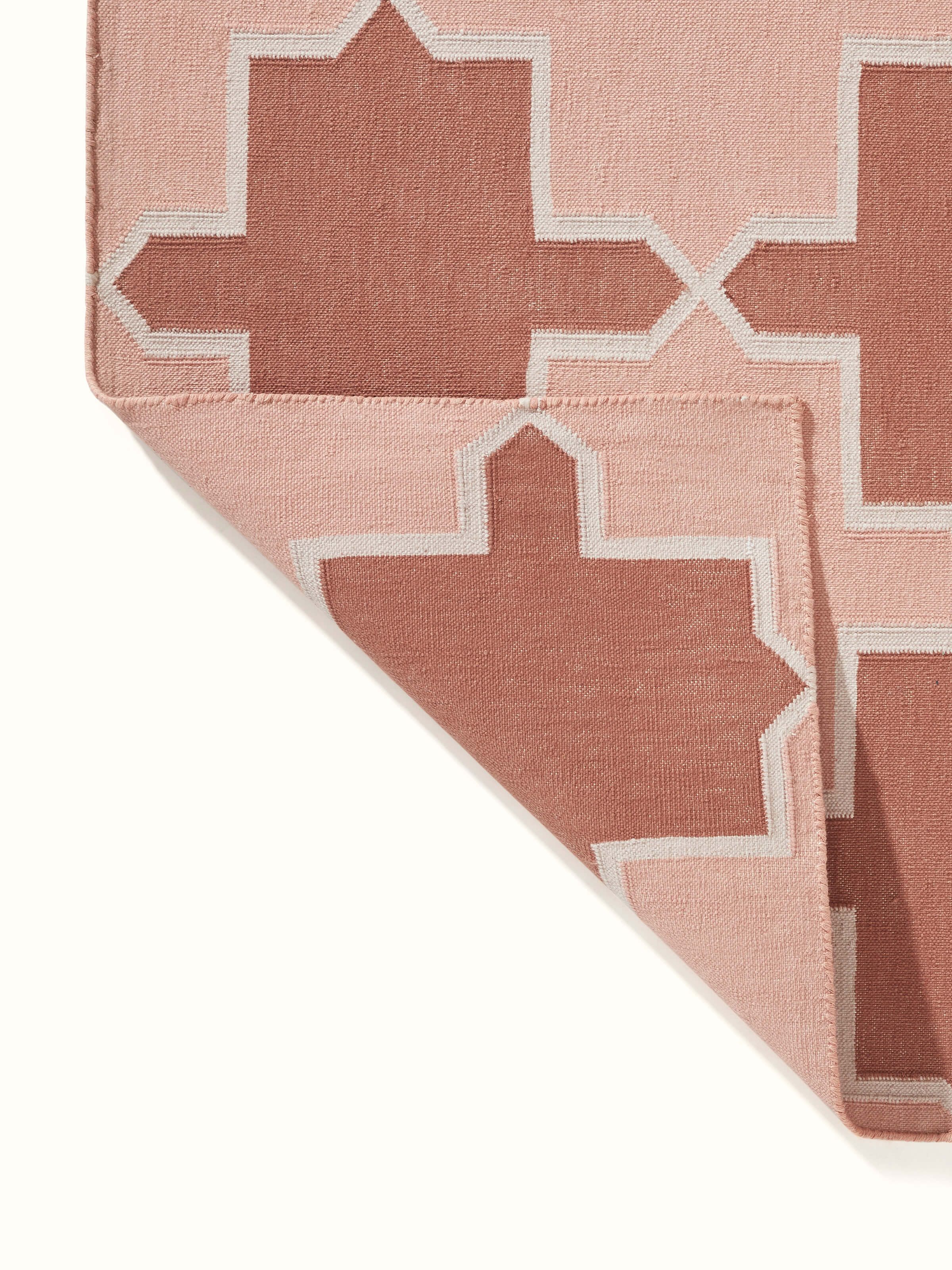 Full view of Modern Geo Red Blush Lawan Cotton Panja Dhurrie spread out to display its overall design and aesthetic