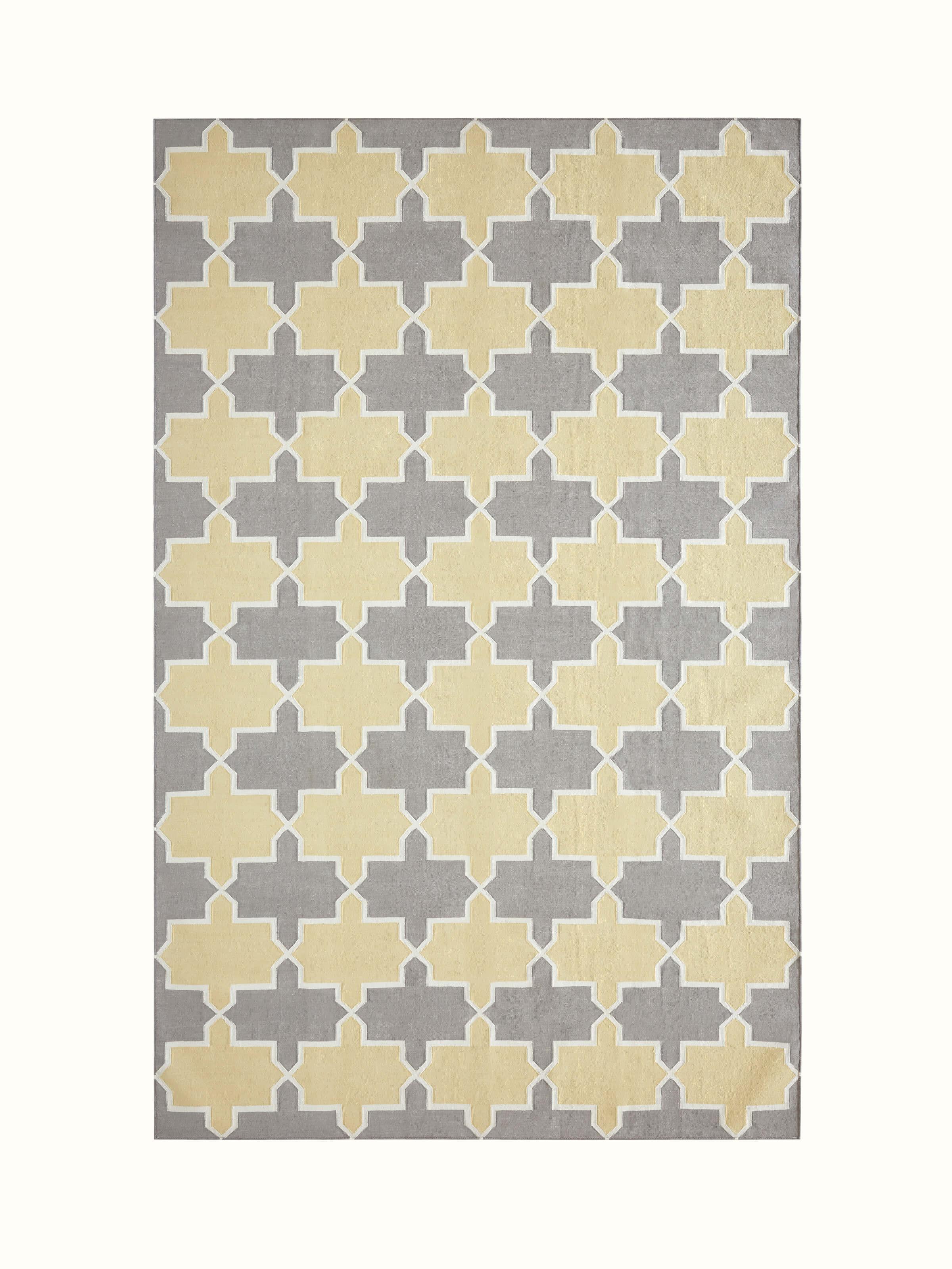 Full view of Modern Geo grey yellow Lawan cotton panja dhurrie showcasing the geometric patterns and color scheme