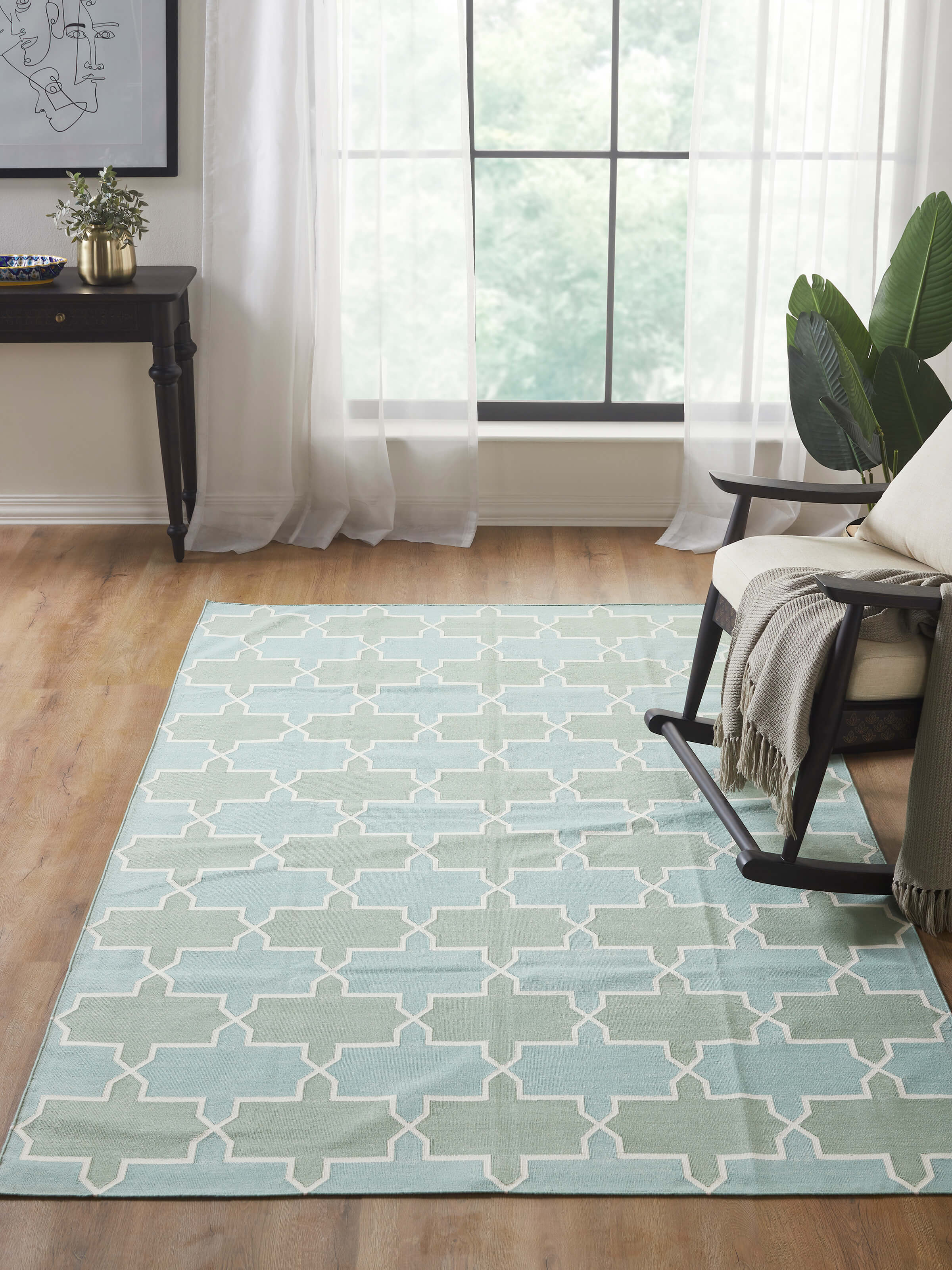 Close-up of Modern Geo Green Lawan Cotton Panja Dhurrie highlighting detailed geometric design