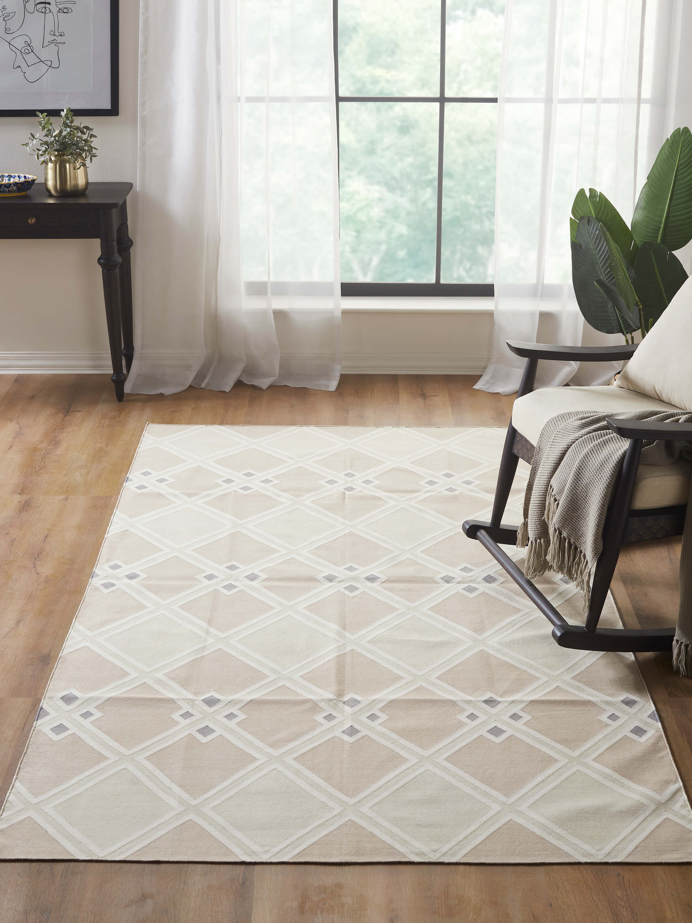 Close-up view of Modern Geo Diamond beige-grey Lawan cotton panja dhurrie, highlighting the detailed geometric design and color palette