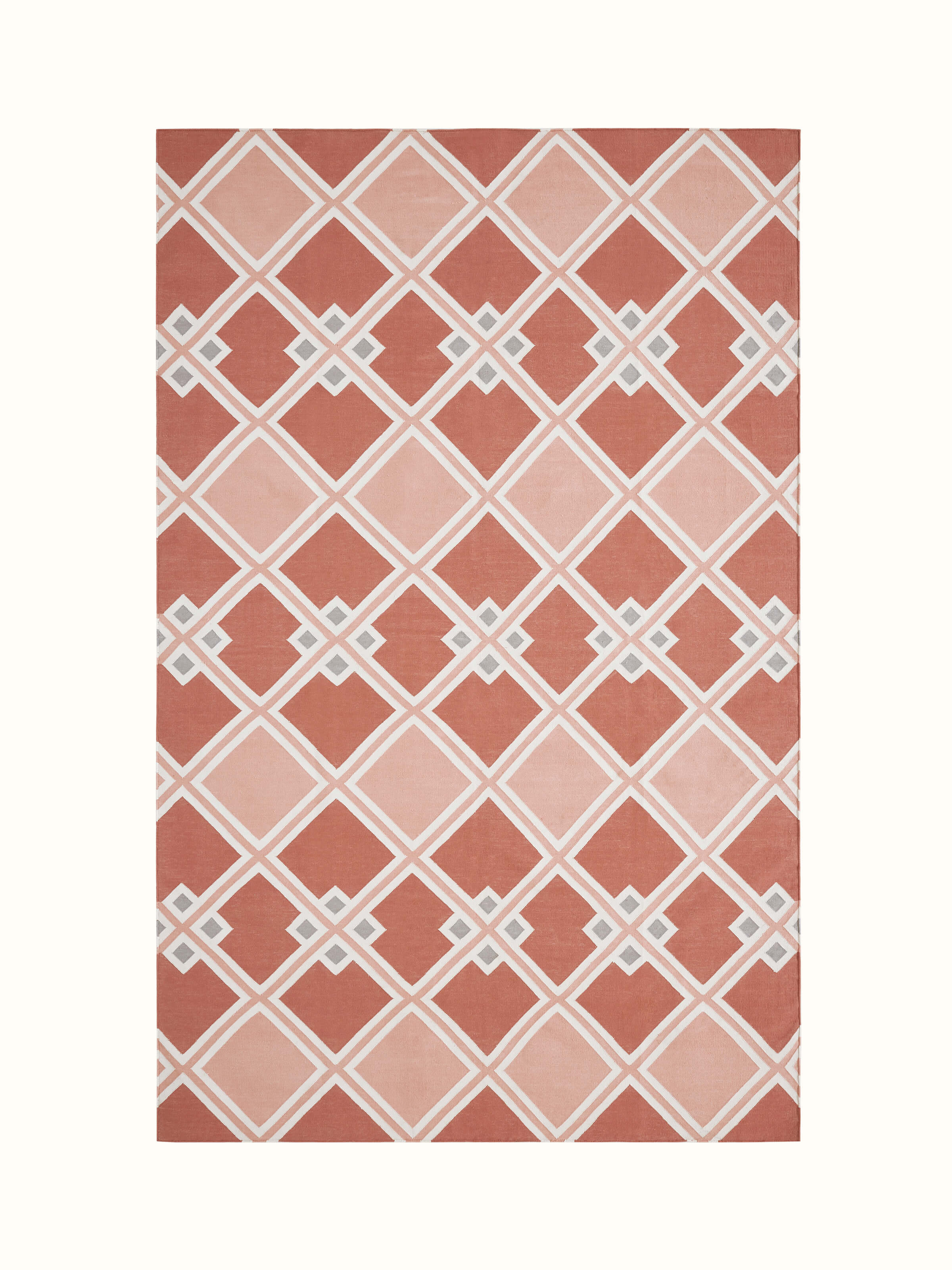 Front view of Modern geo diamond red blush lawan cotton panja dhurrie showcasing its geometric pattern and vibrant color.