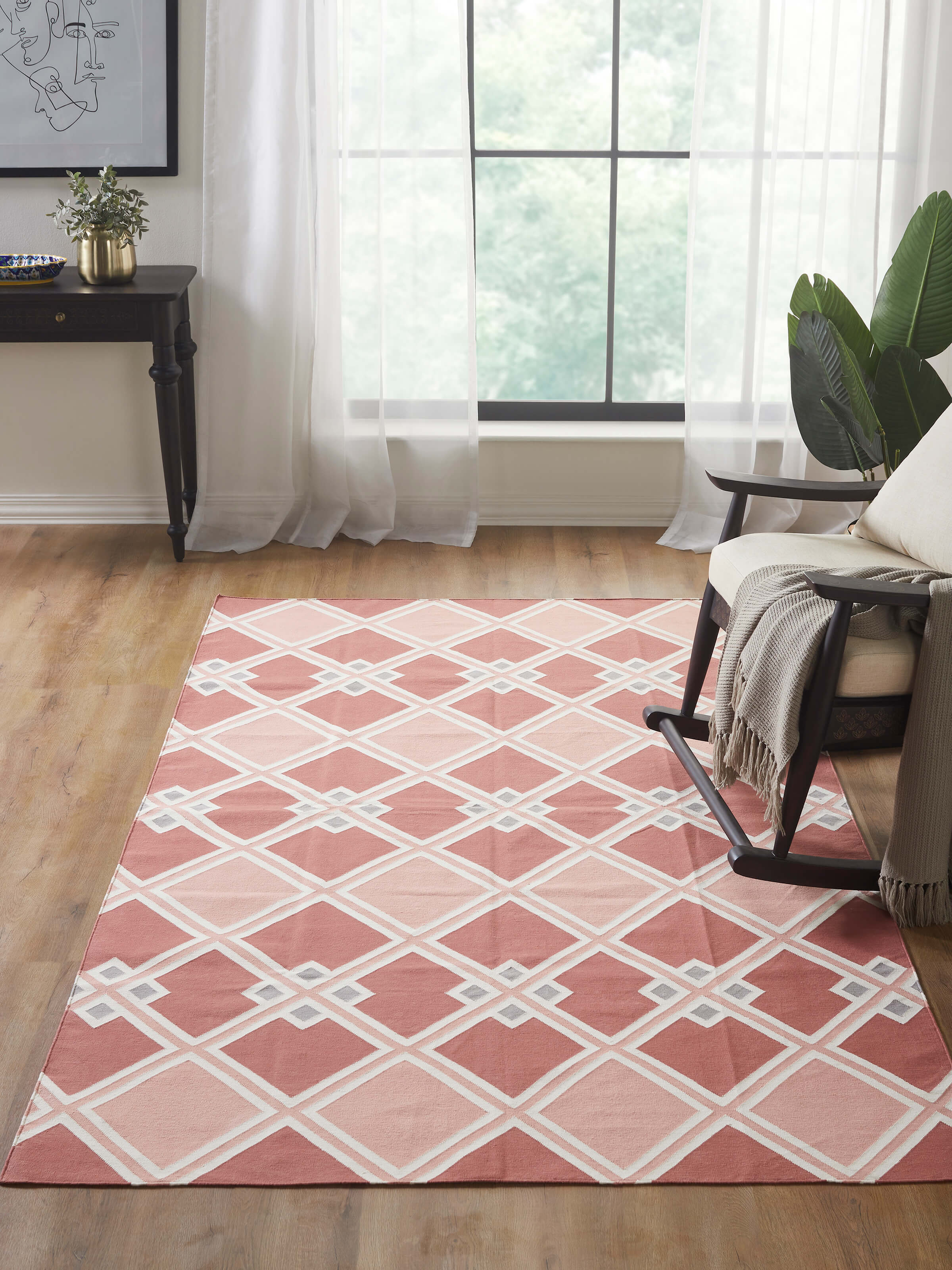 Side view of Modern geo diamond red blush lawan cotton panja dhurrie highlighting its texture and design details.