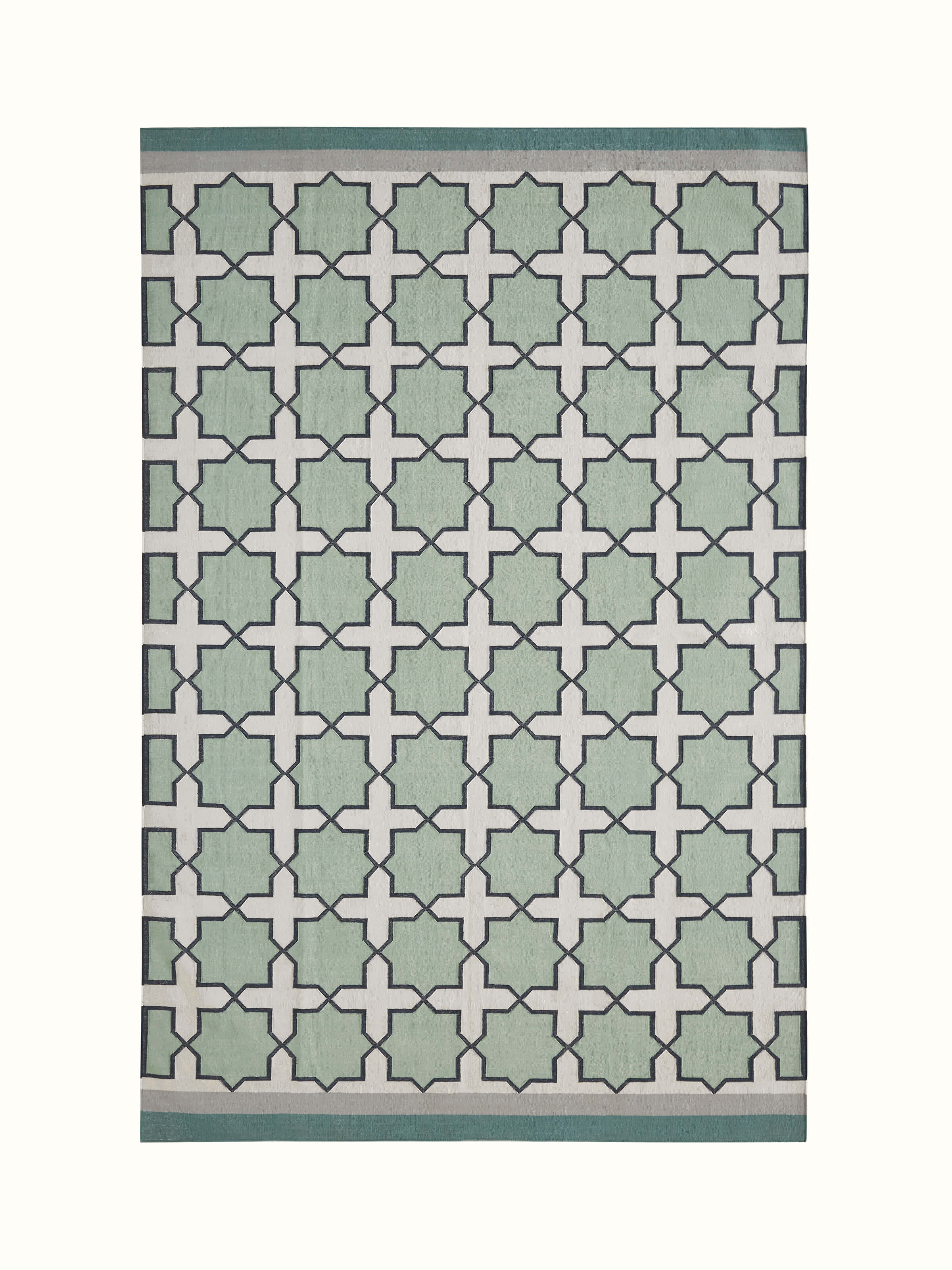 Front view of Modern Geo Jharokha green grey Lawan cotton Panja dhurrie, showcasing its geometric pattern and color scheme