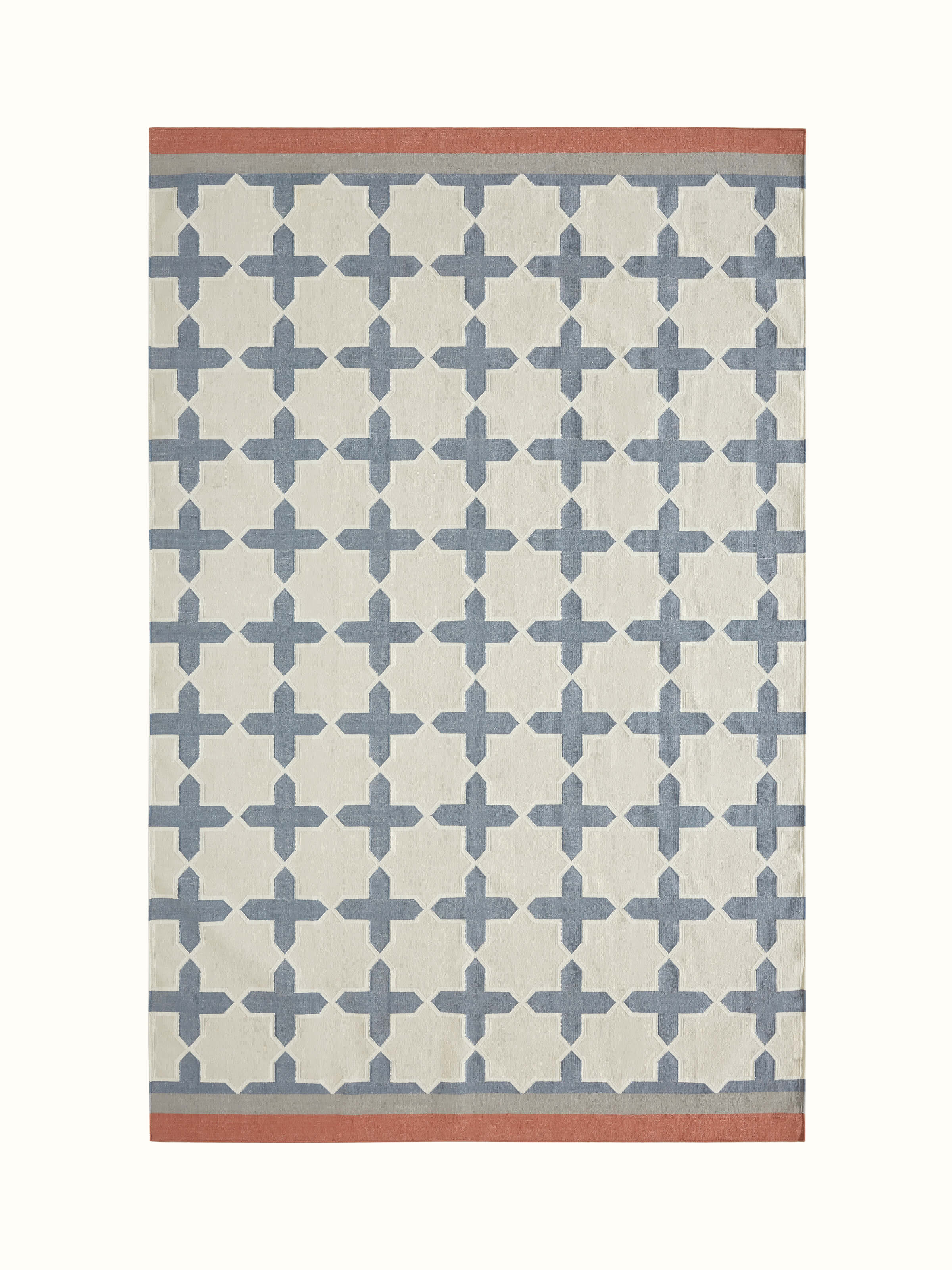 Modern geo jharokha grey blue lawan cotton panja dhurrie featuring a geometric design in grey and blue tones.