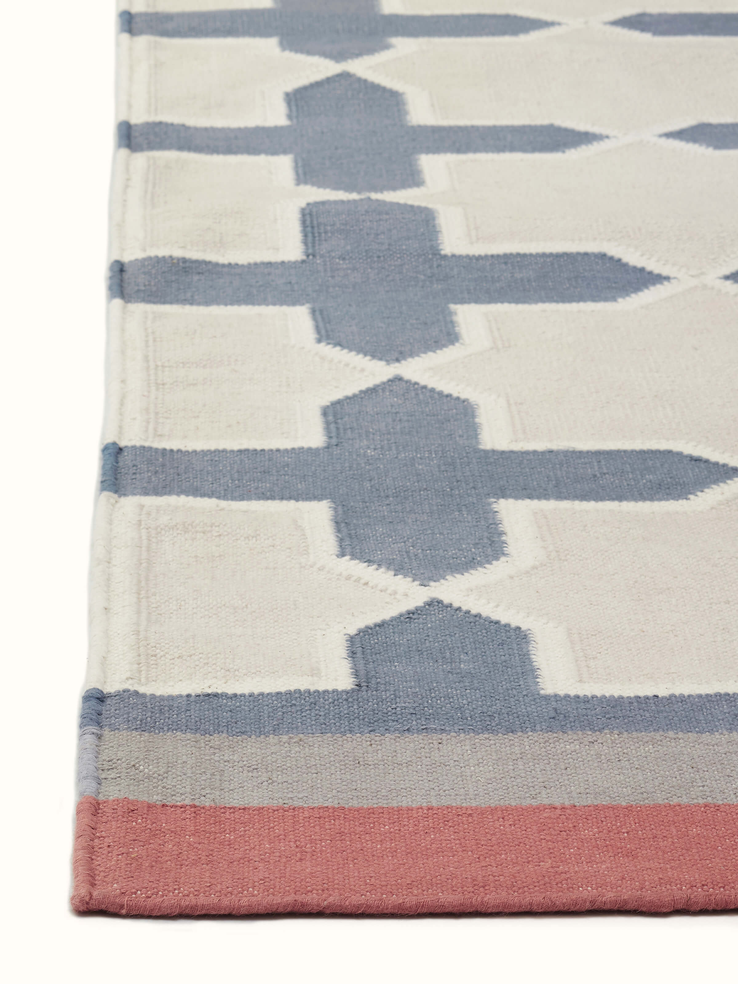 Full view of Modern geo jharokha grey blue lawan cotton panja dhurrie showing its design and overall appearance.