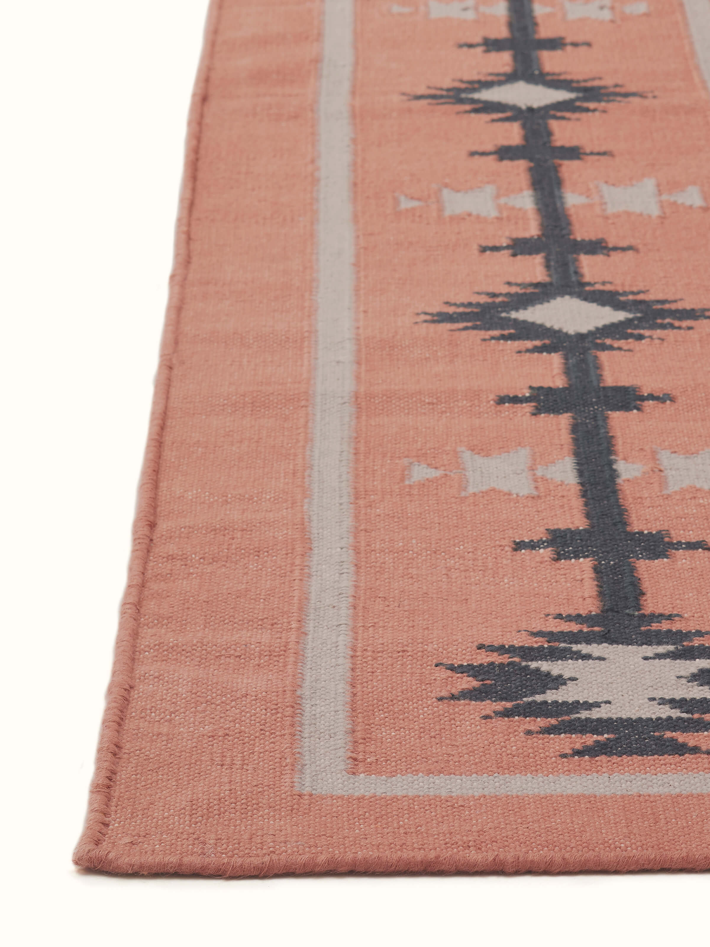 Overhead view of Traditional Kilim Rust Lawan Cotton Panja Dhurrie, displaying the full design and color contrast.