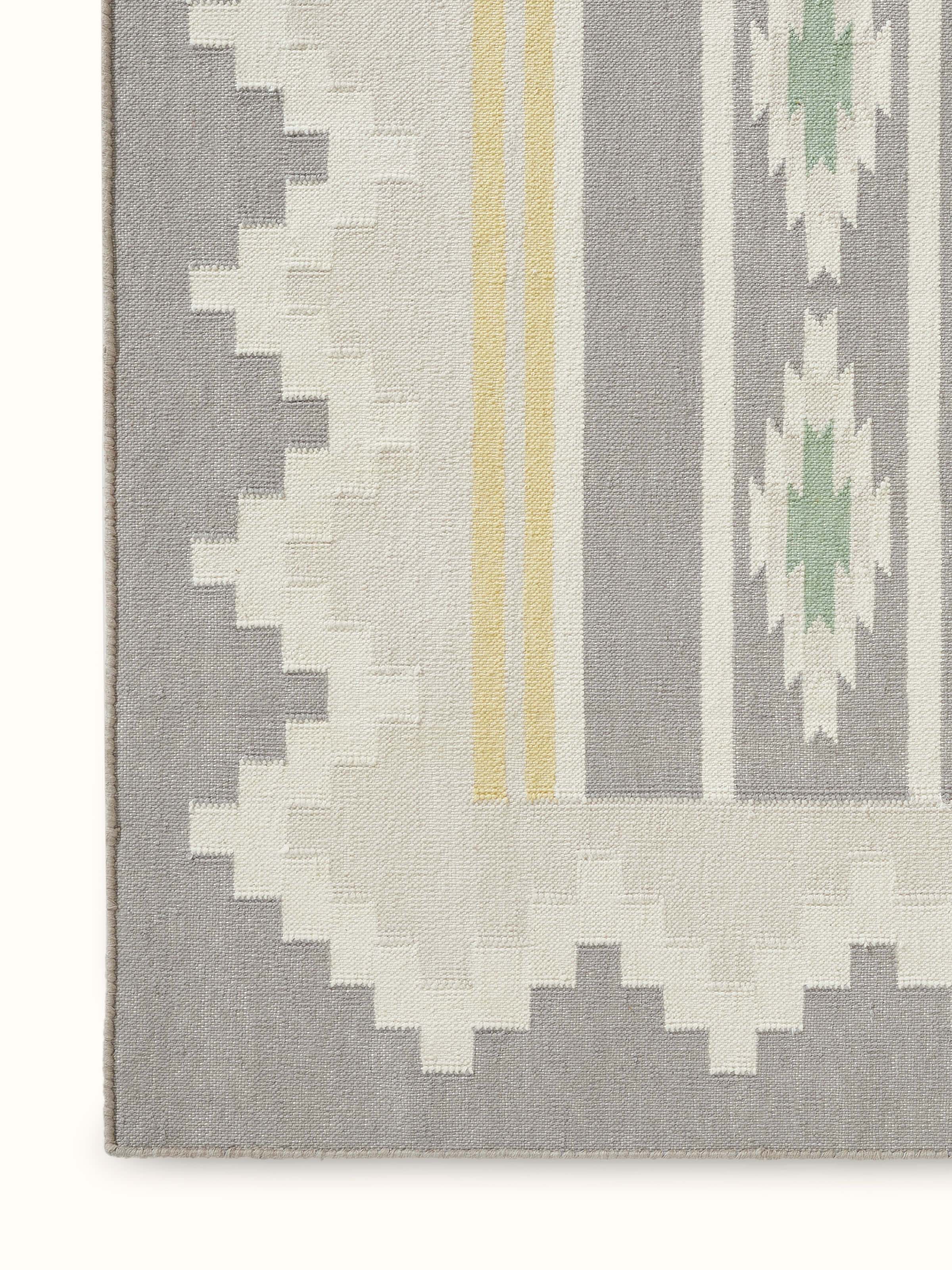 Angle view of Modern Geo Grey Lawan Cotton Panja Runner emphasizing the runner’s design and fabric texture.