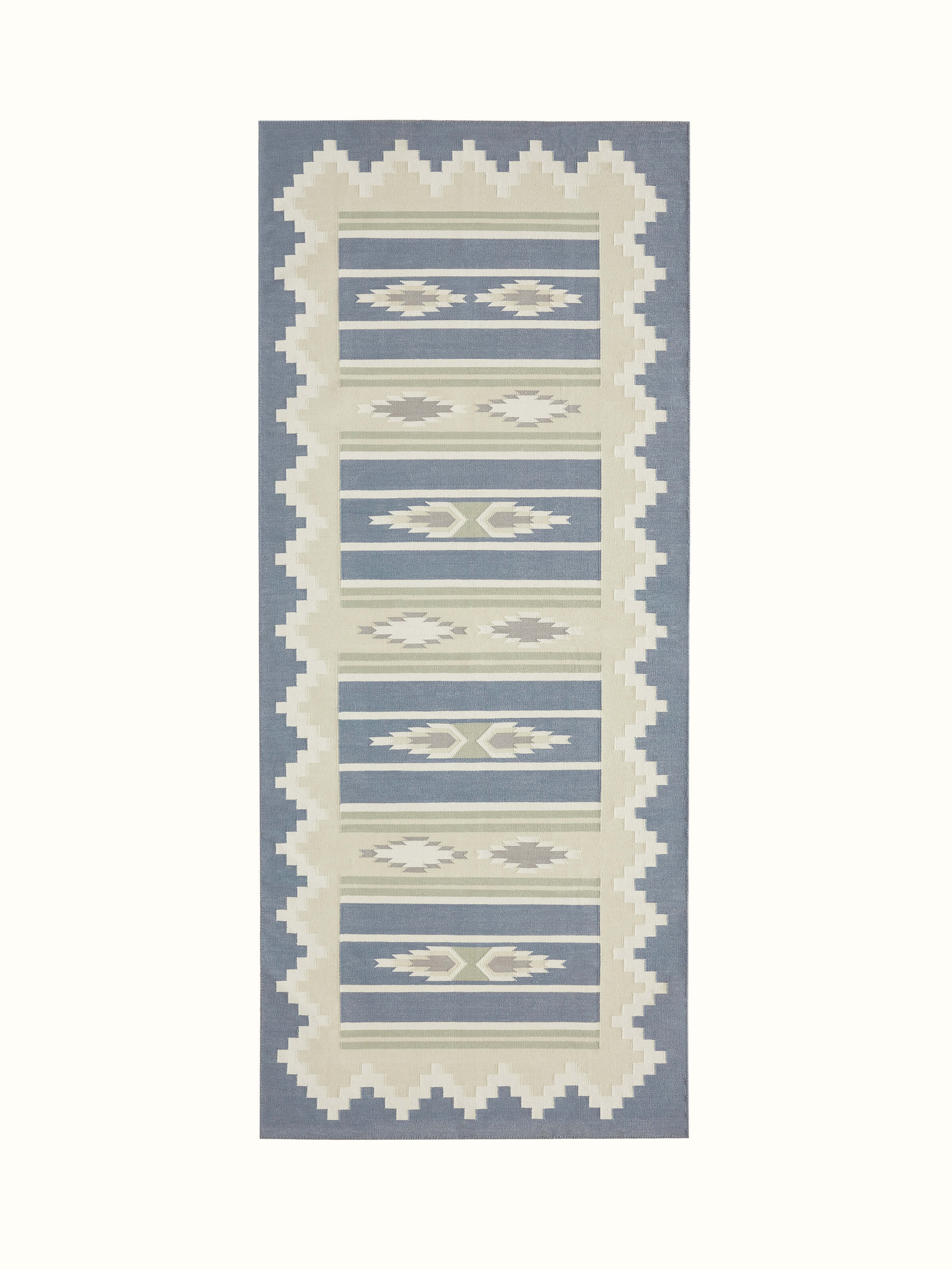 Side view of Modern geo blue lawan cotton panja runner showcasing the geometric design and fabric texture