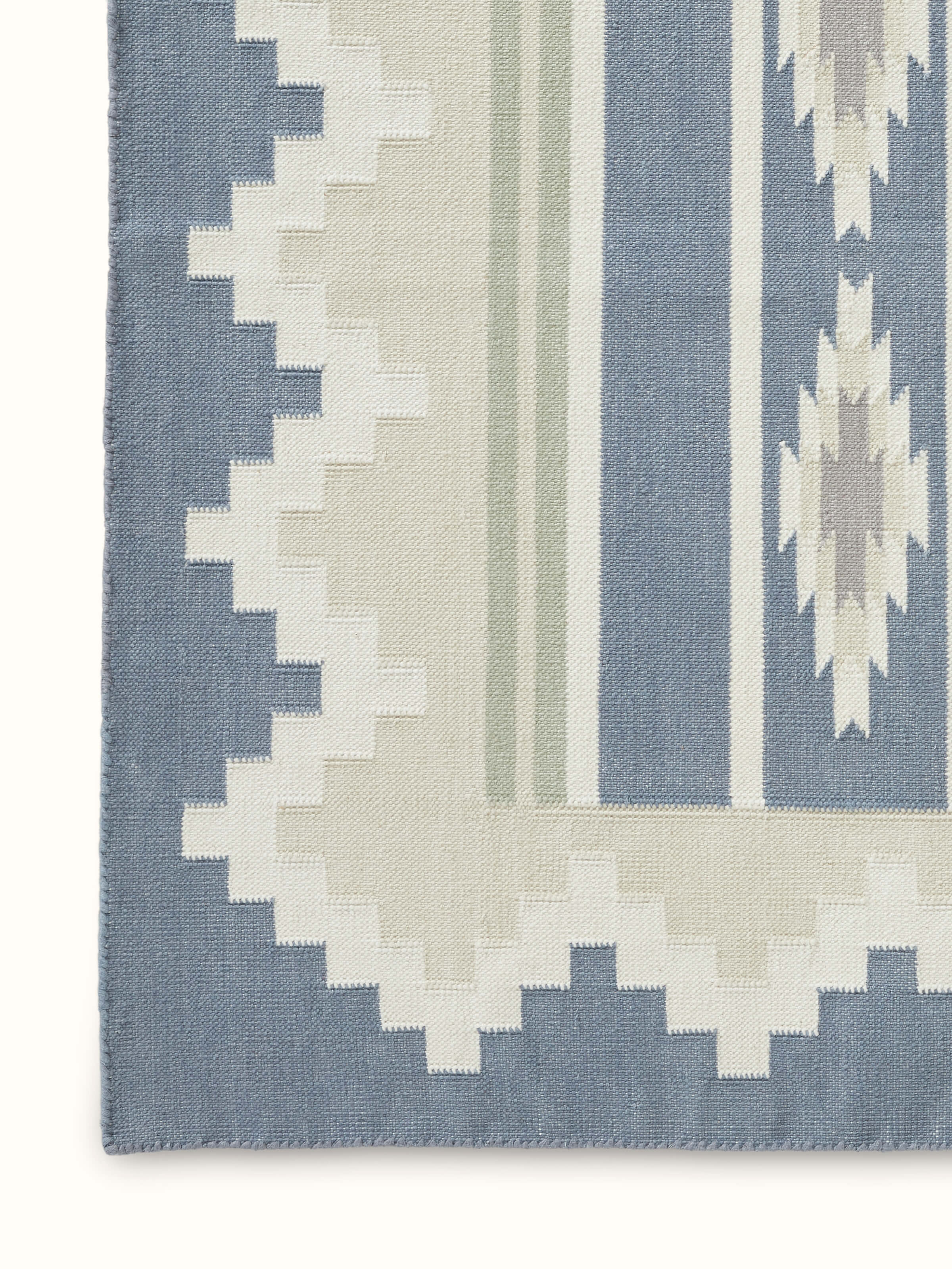 Back view of Modern geo blue lawan cotton panja runner showing the reverse side and fabric texture