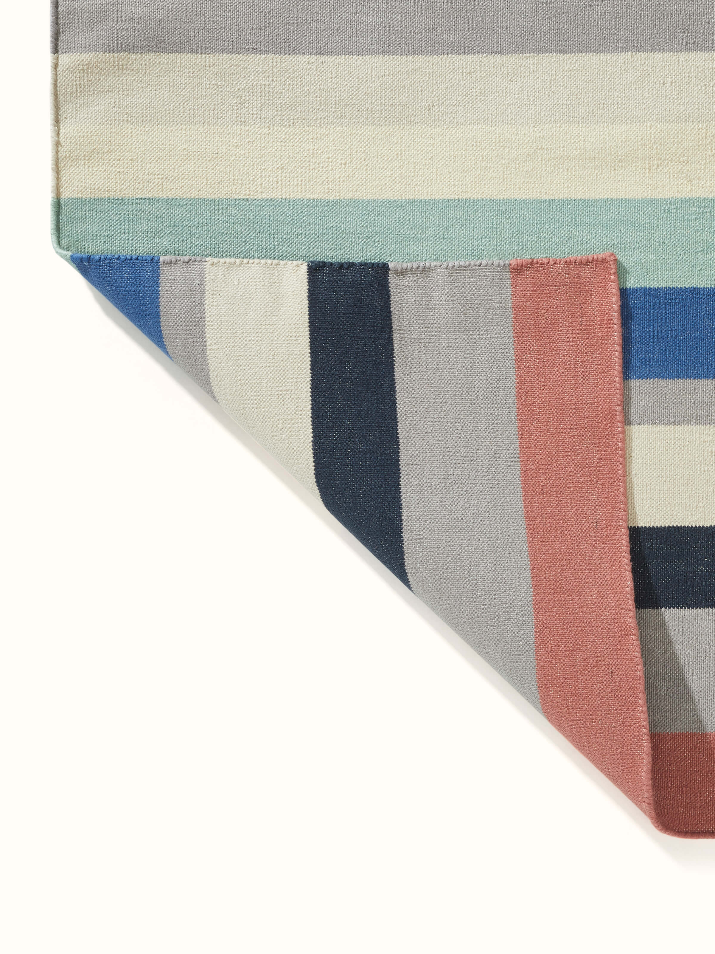 Top view of Modern Geo Stripe Lawan Cotton Panja Dhurrie, showcasing the overall design and color arrangement.