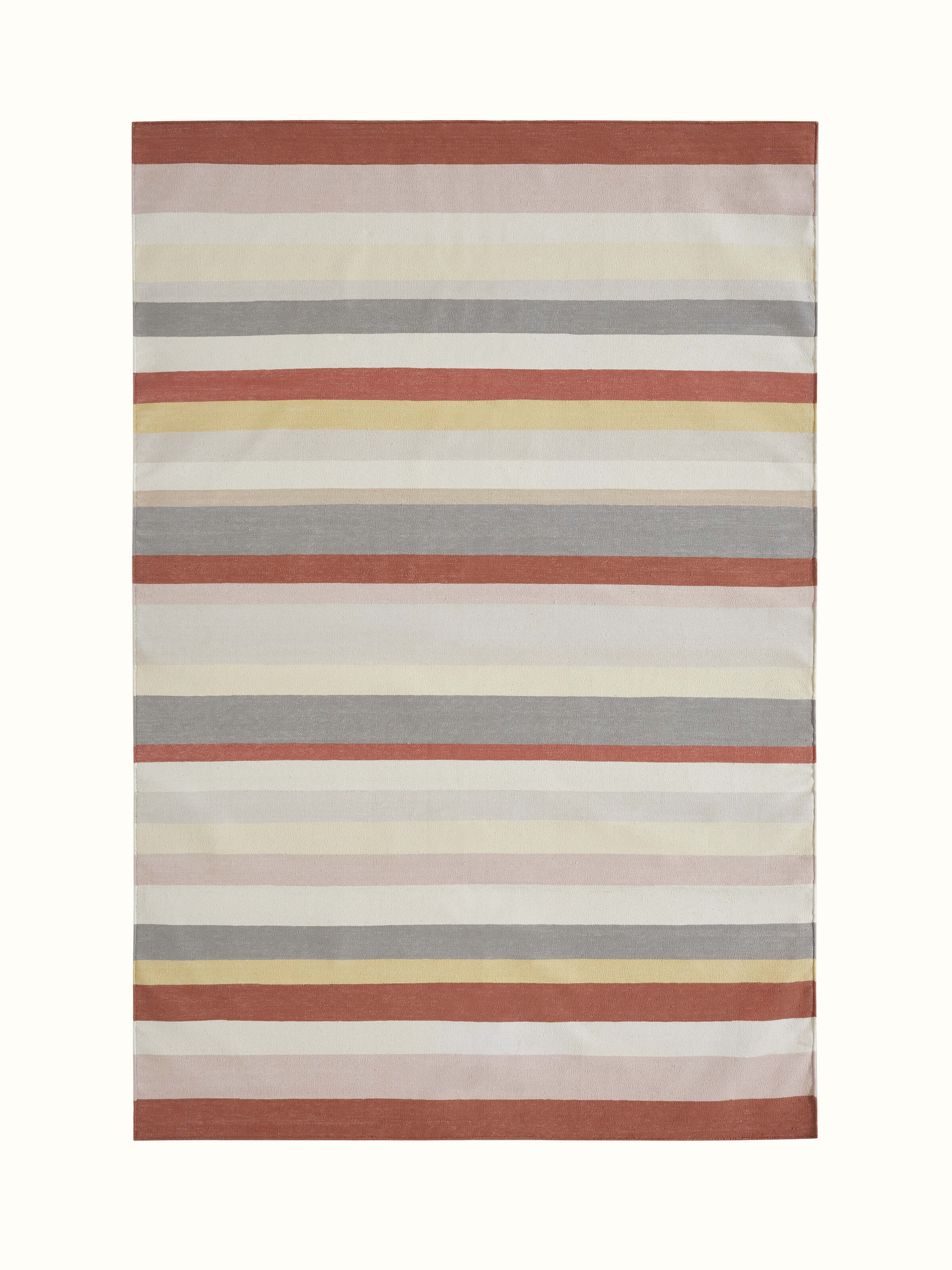 Full view of Modern geo stripe rust lawan cotton panja dhurrie showcasing the rust-colored stripes and cotton material.