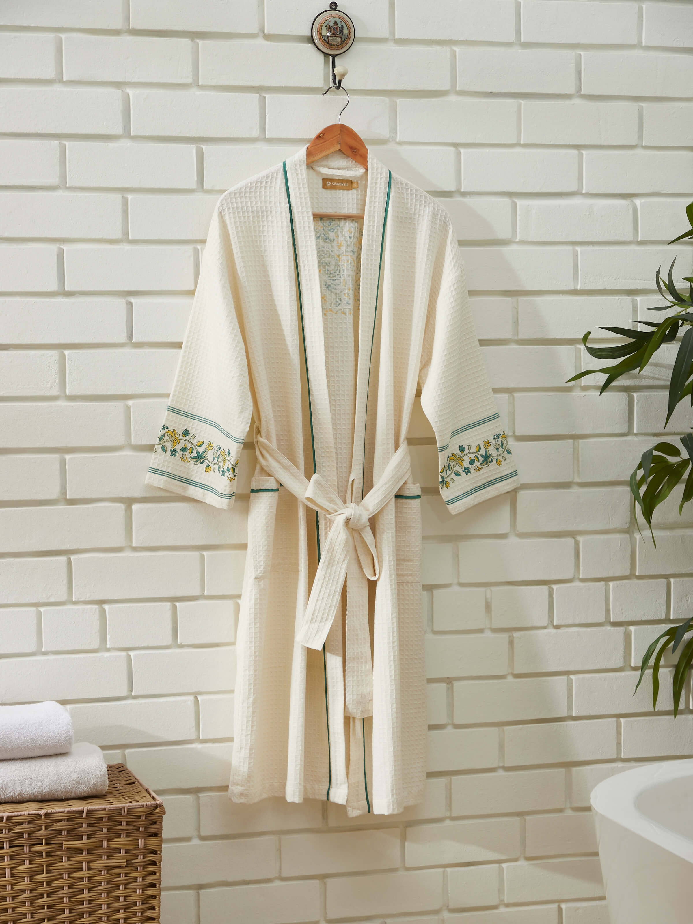 Detailed view of Palampore Buta Yellow & Green Floral Cotton Sanganeri Block Printed Bathrobe emphasizing fabric and print