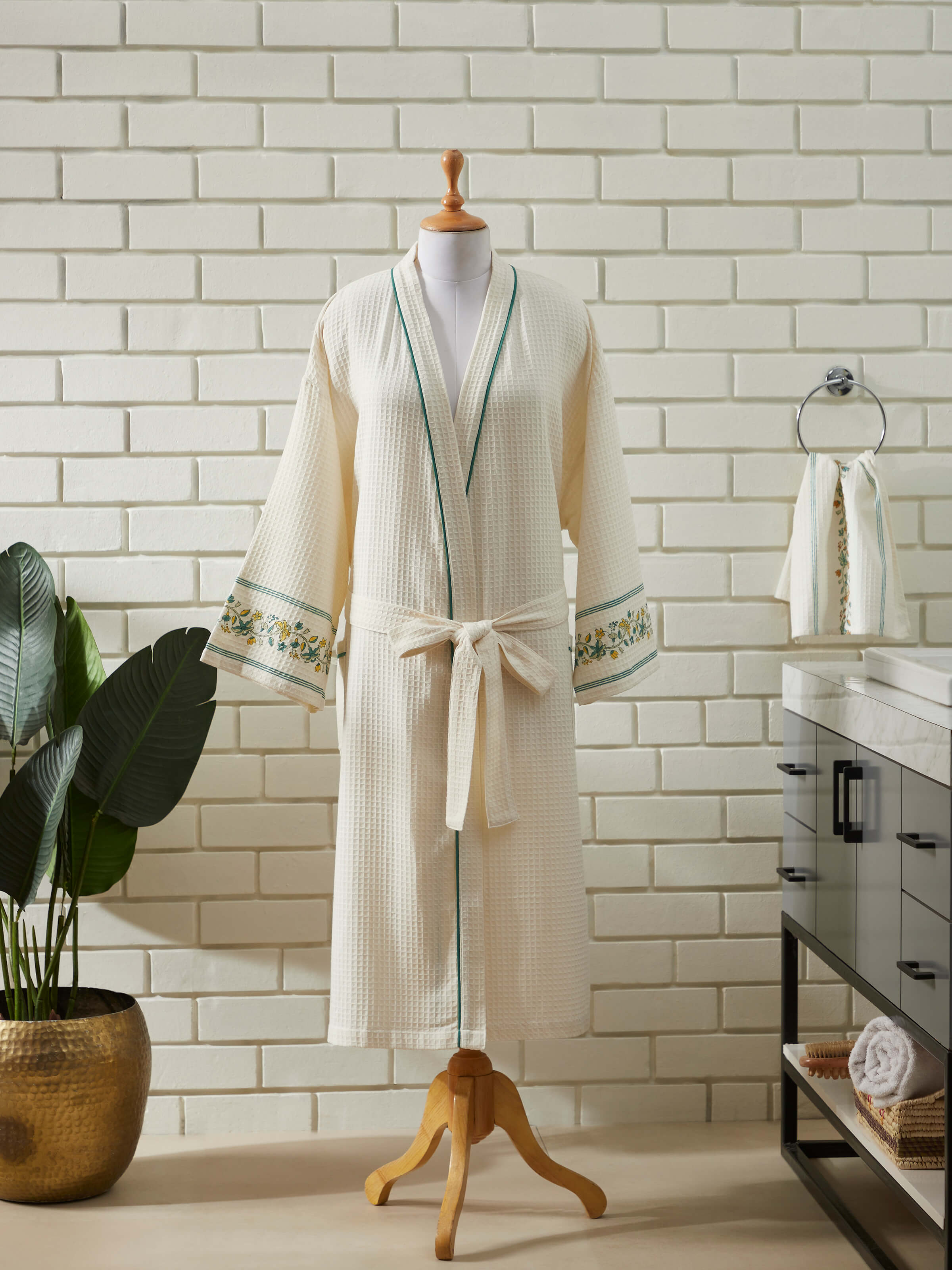 Close-up of Palampore Buta Yellow & Green Floral Cotton Sanganeri Block Printed Bathrobe highlighting floral motifs