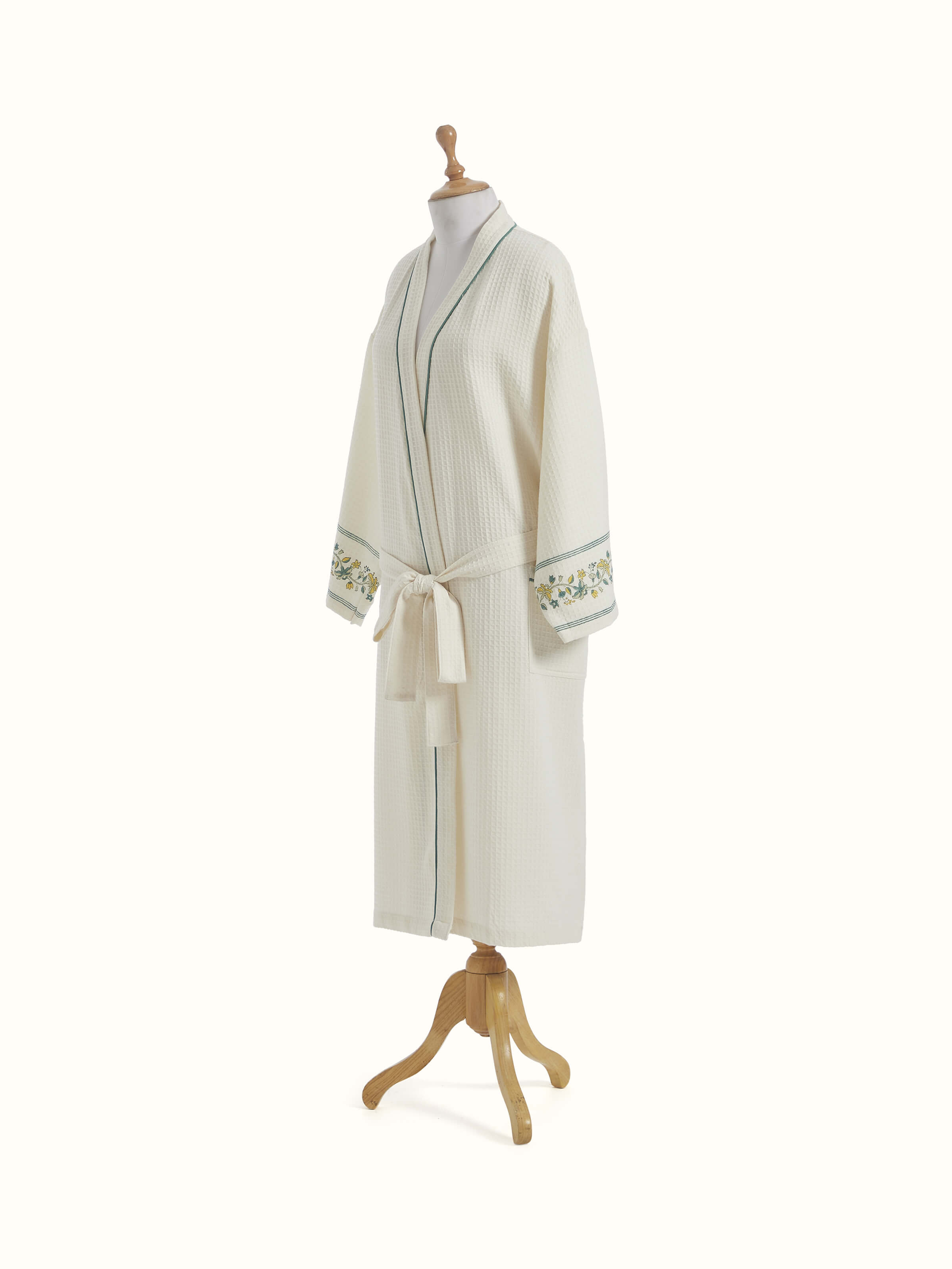 Front view of Palampore Buta Yellow & Green Floral Cotton Sanganeri Block Printed Bathrobe with focus on vibrant colors