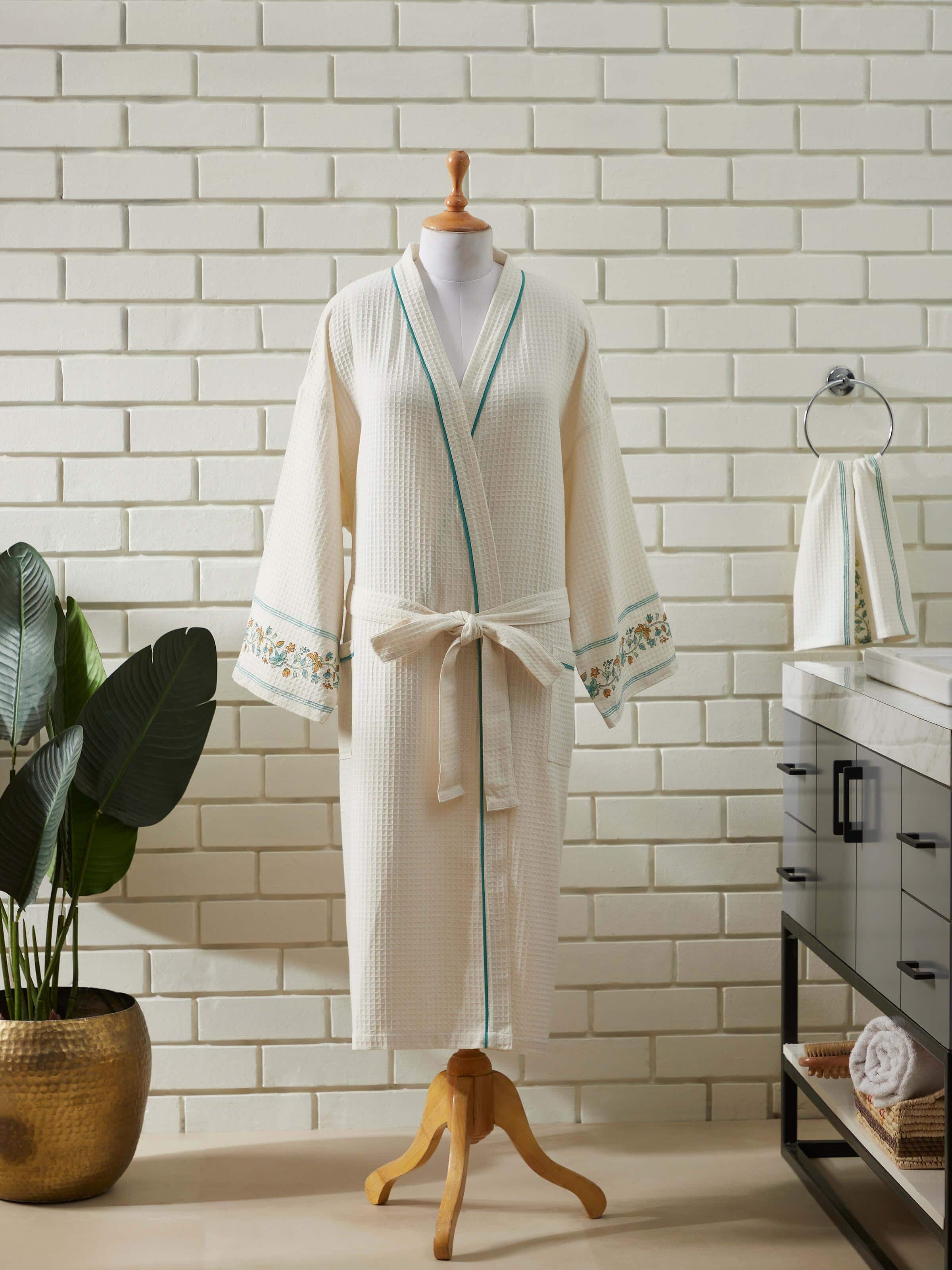 Close-up of Multi Floral Cotton Sanganeri Block Printed Bathrobe, highlighting the detailed floral block print.