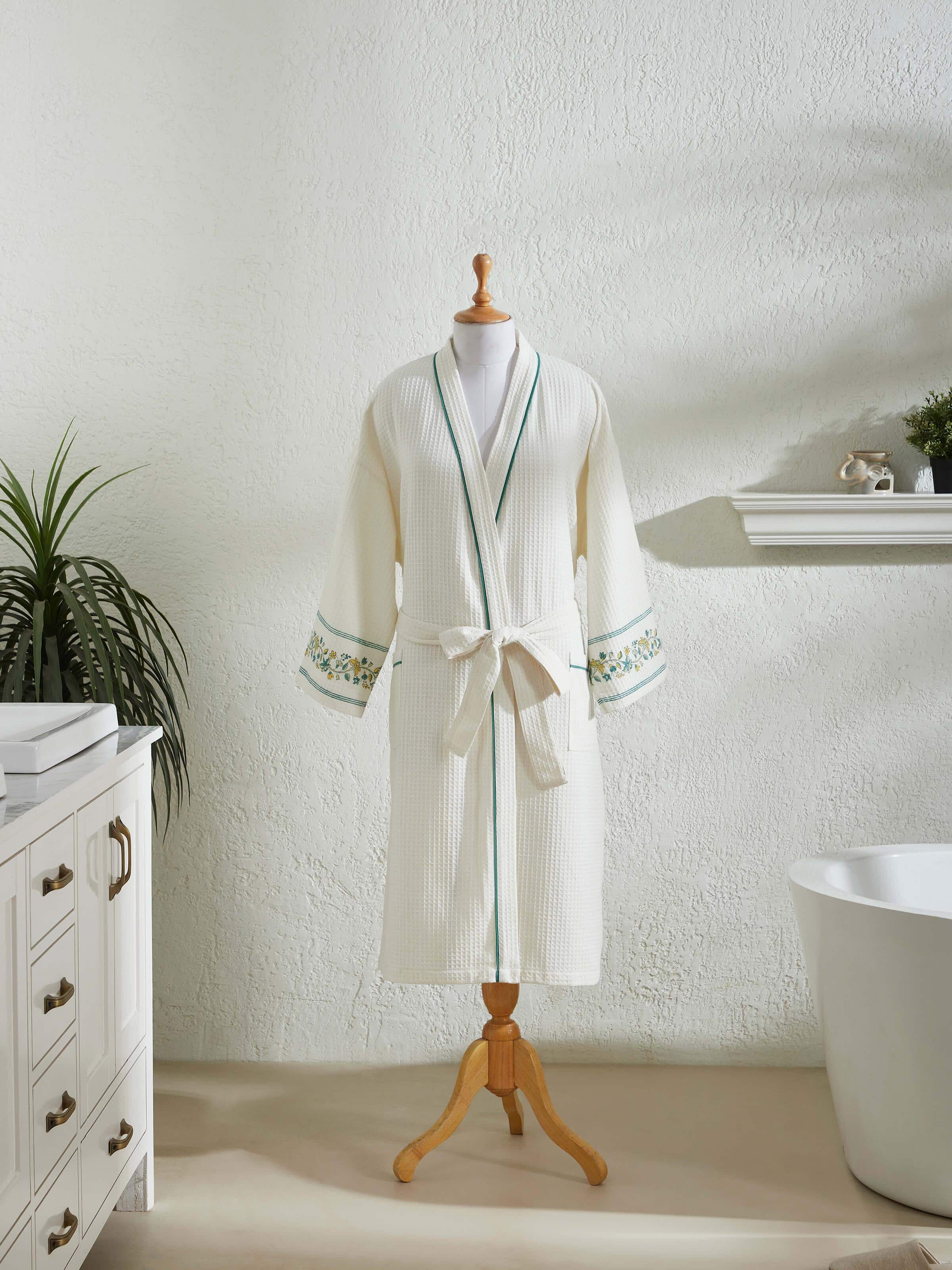 Detailed view of Multi Floral Cotton Sanganeri Block Printed Bathrobe, focusing on the texture and fabric quality.