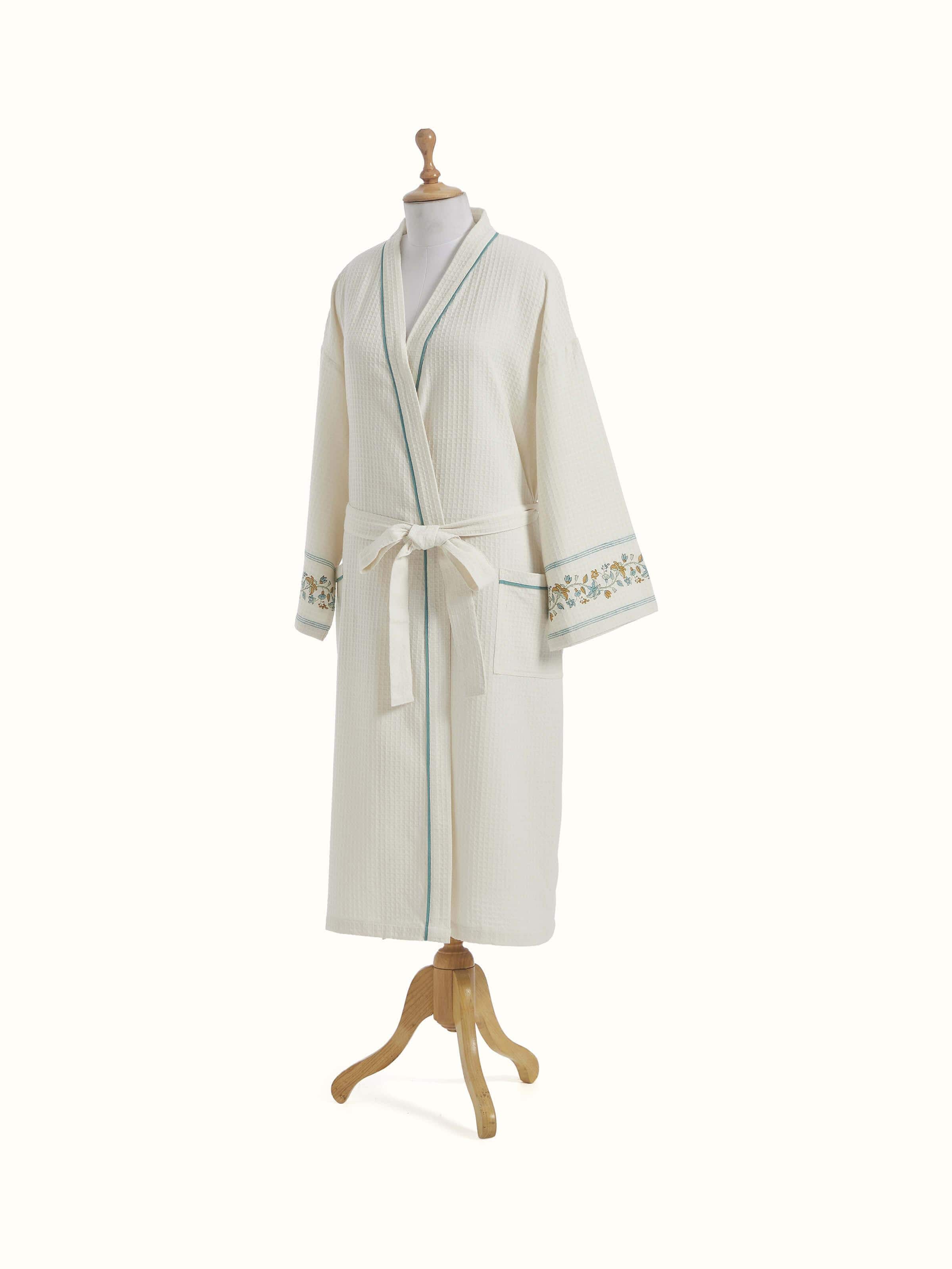 Close-up of the floral design on the Multi Floral Cotton Sanganeri Block Printed Bathrobe, highlighting vibrant colors.