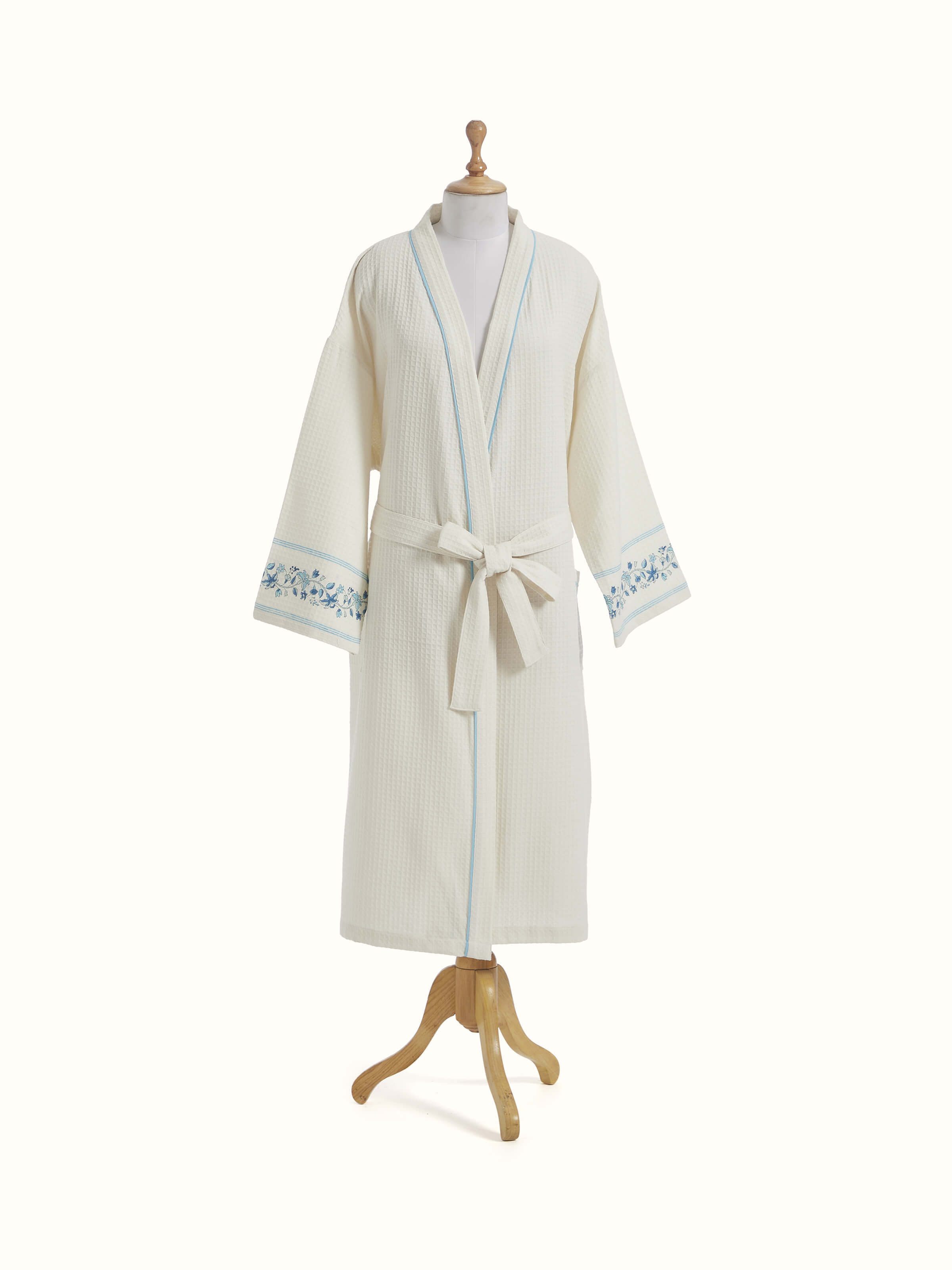 Front view of Blue floral cotton Sanganeri block printed bathrobe showing the vibrant floral print and comfortable design.