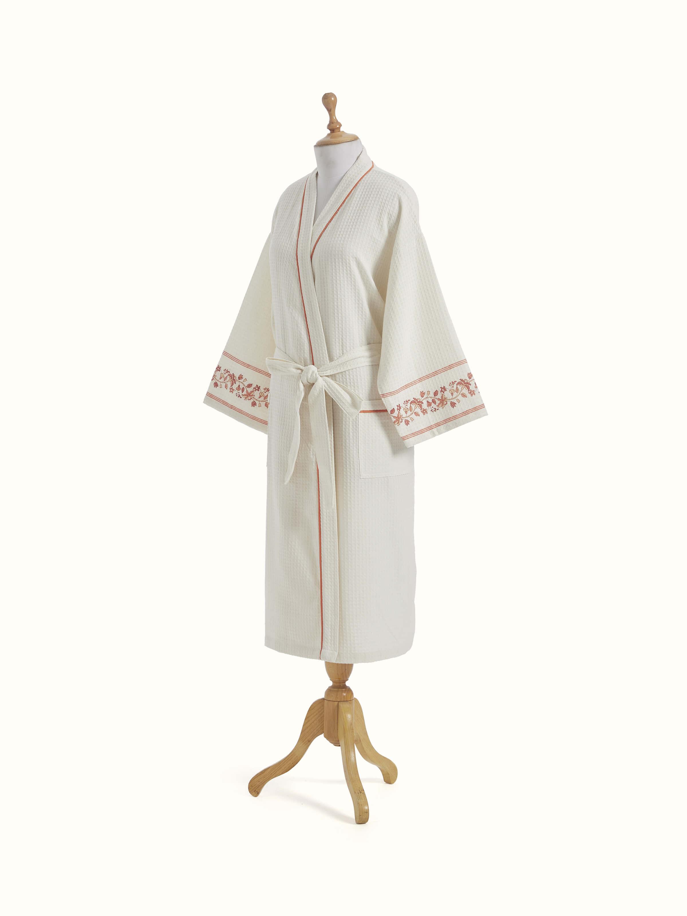 Back view of Palampore buta peach floral cotton Sanganeri block printed bathrobe showing overall design and print