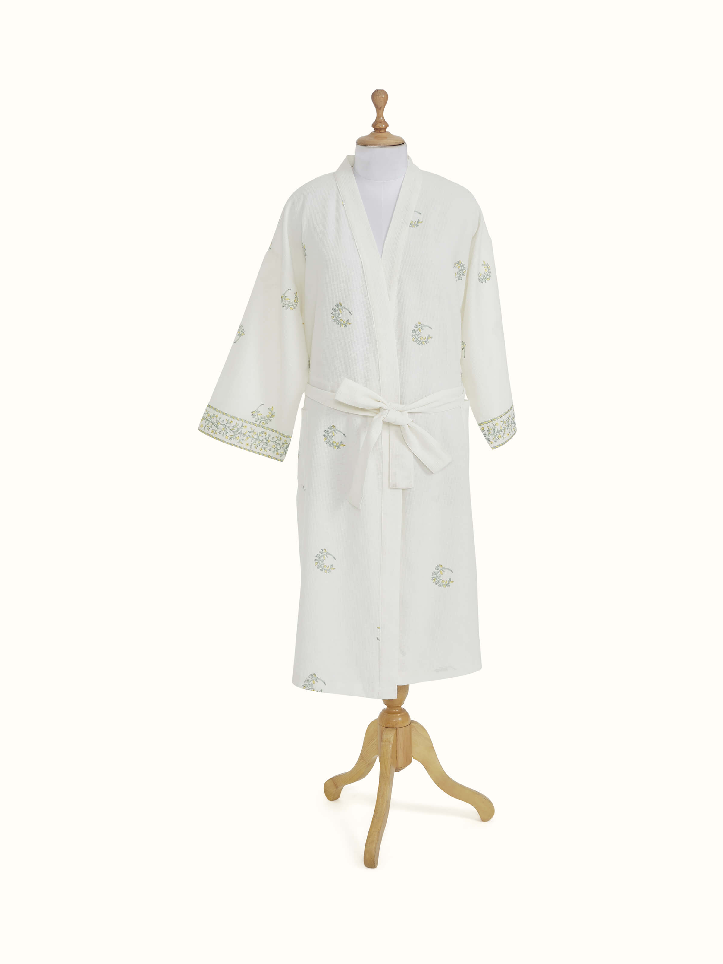 Ambi Buta yellow floral cotton Sanganeri block printed bathrobe - full view