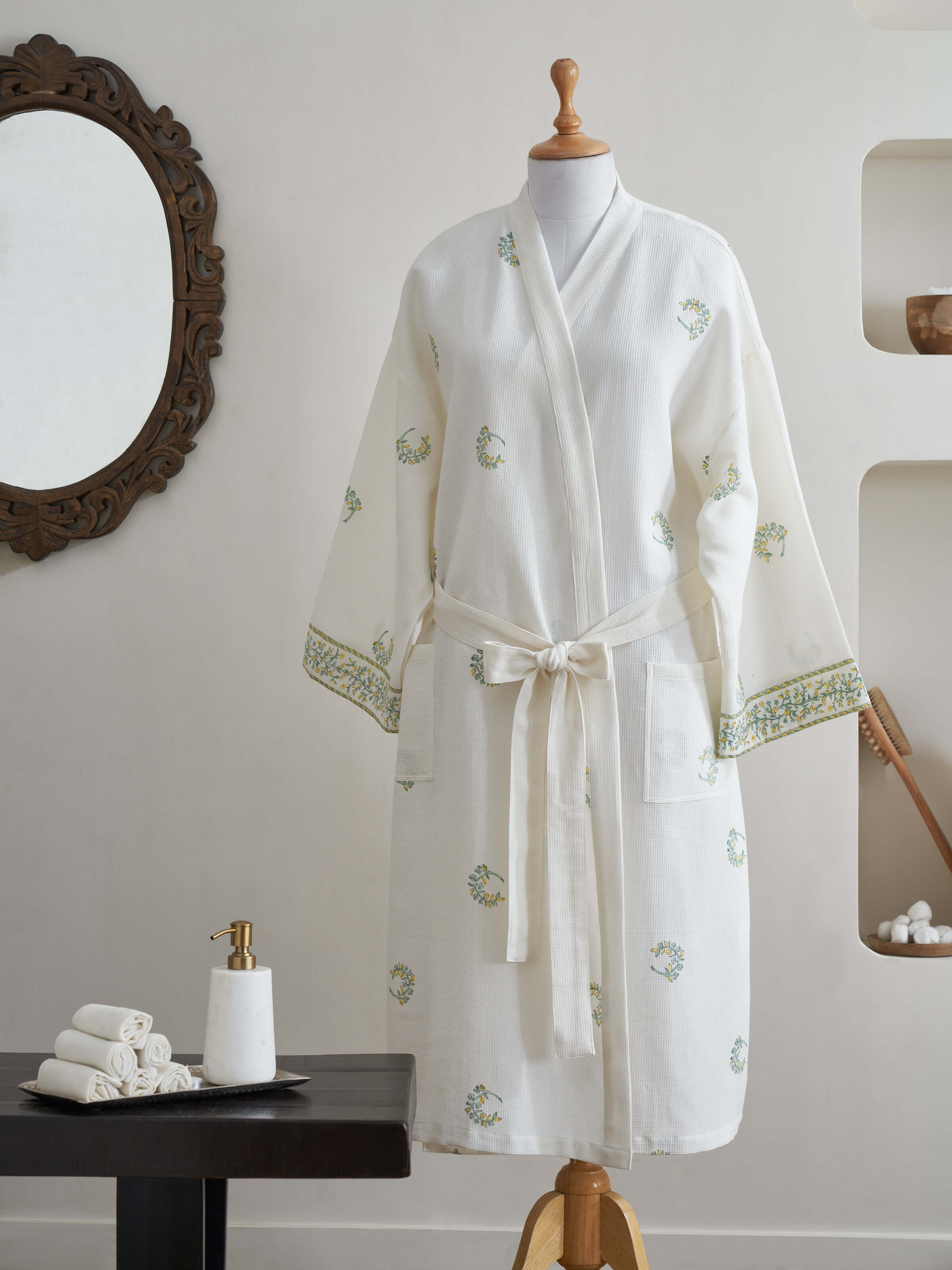 Front view of Ambi Buta yellow floral cotton Sanganeri block printed bathrobe