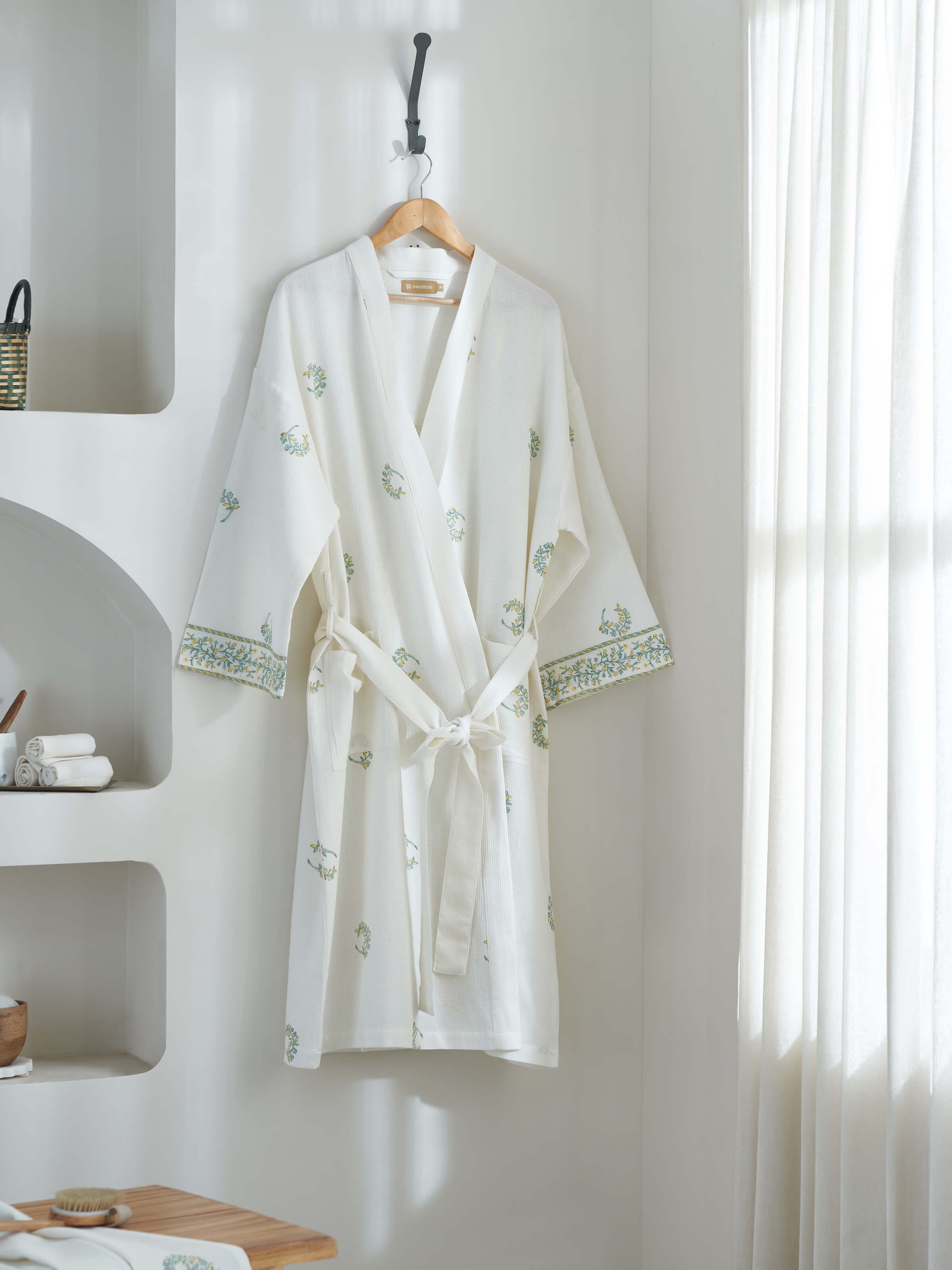 Another angle of Ambi Buta yellow floral cotton Sanganeri block printed bathrobe