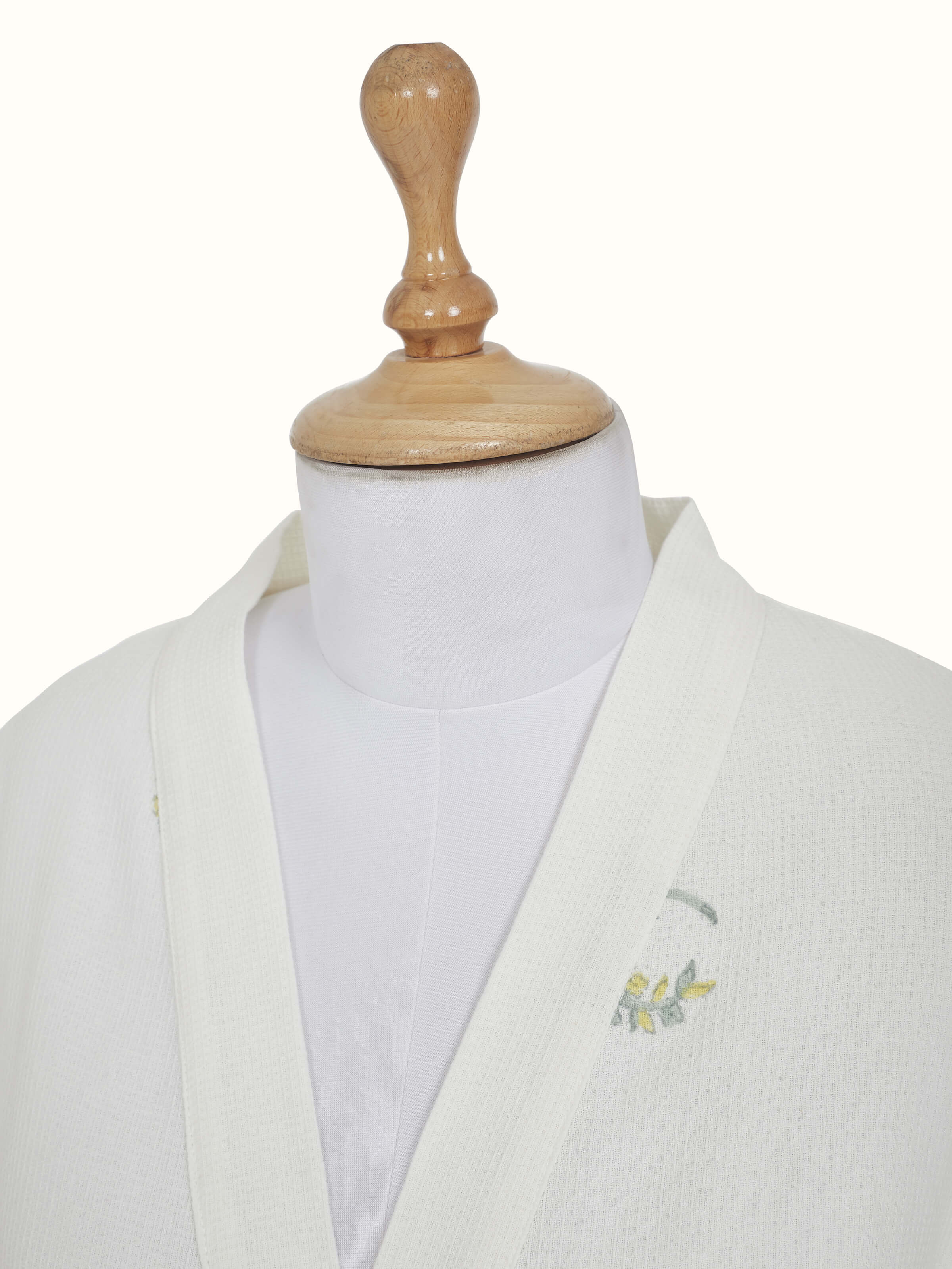 Side view showing the Ambi Buta yellow floral cotton Sanganeri block printed bathrobe