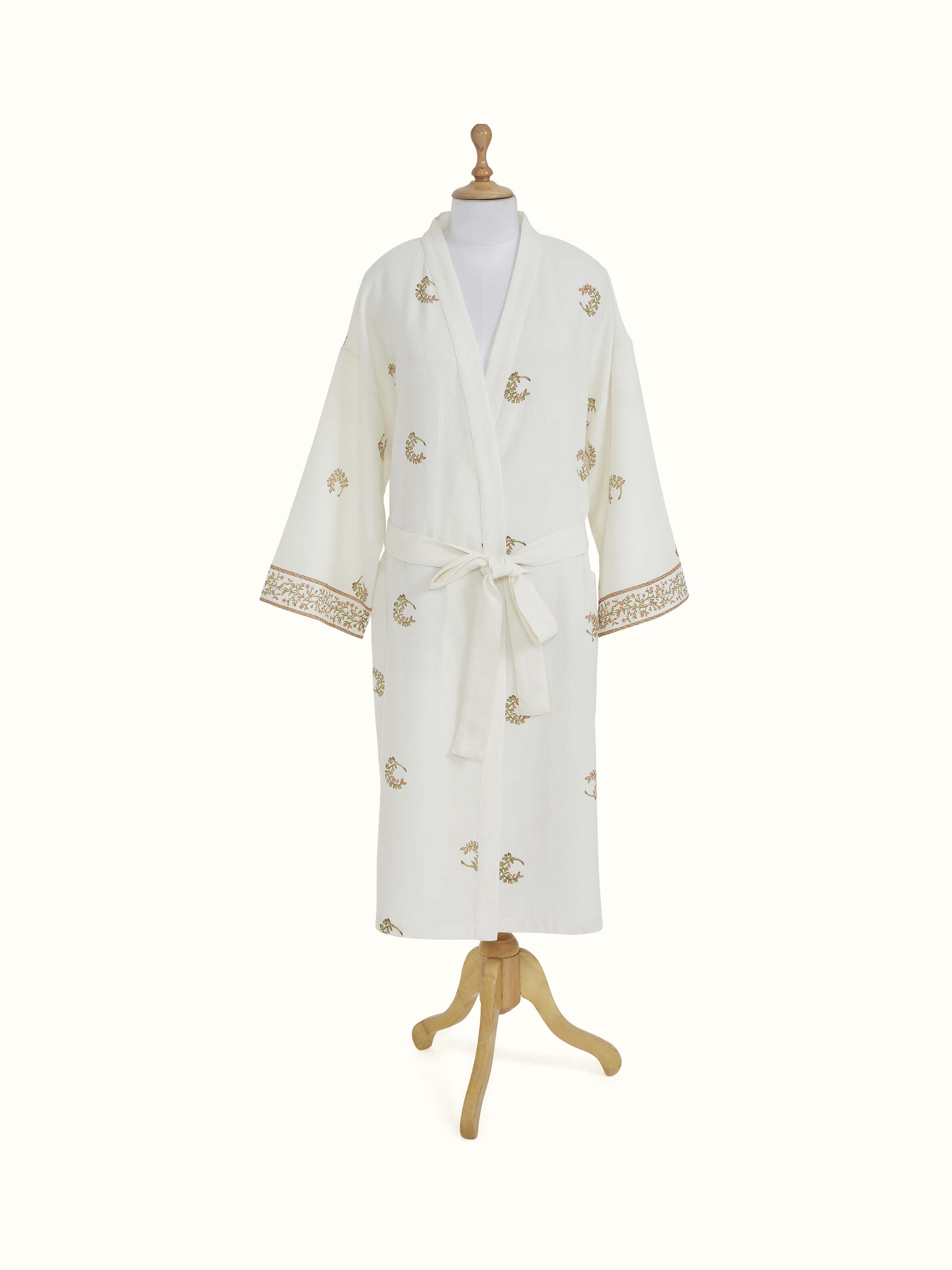 Full view of Ambi Buta peach floral cotton Sanganeri block printed bathrobe
