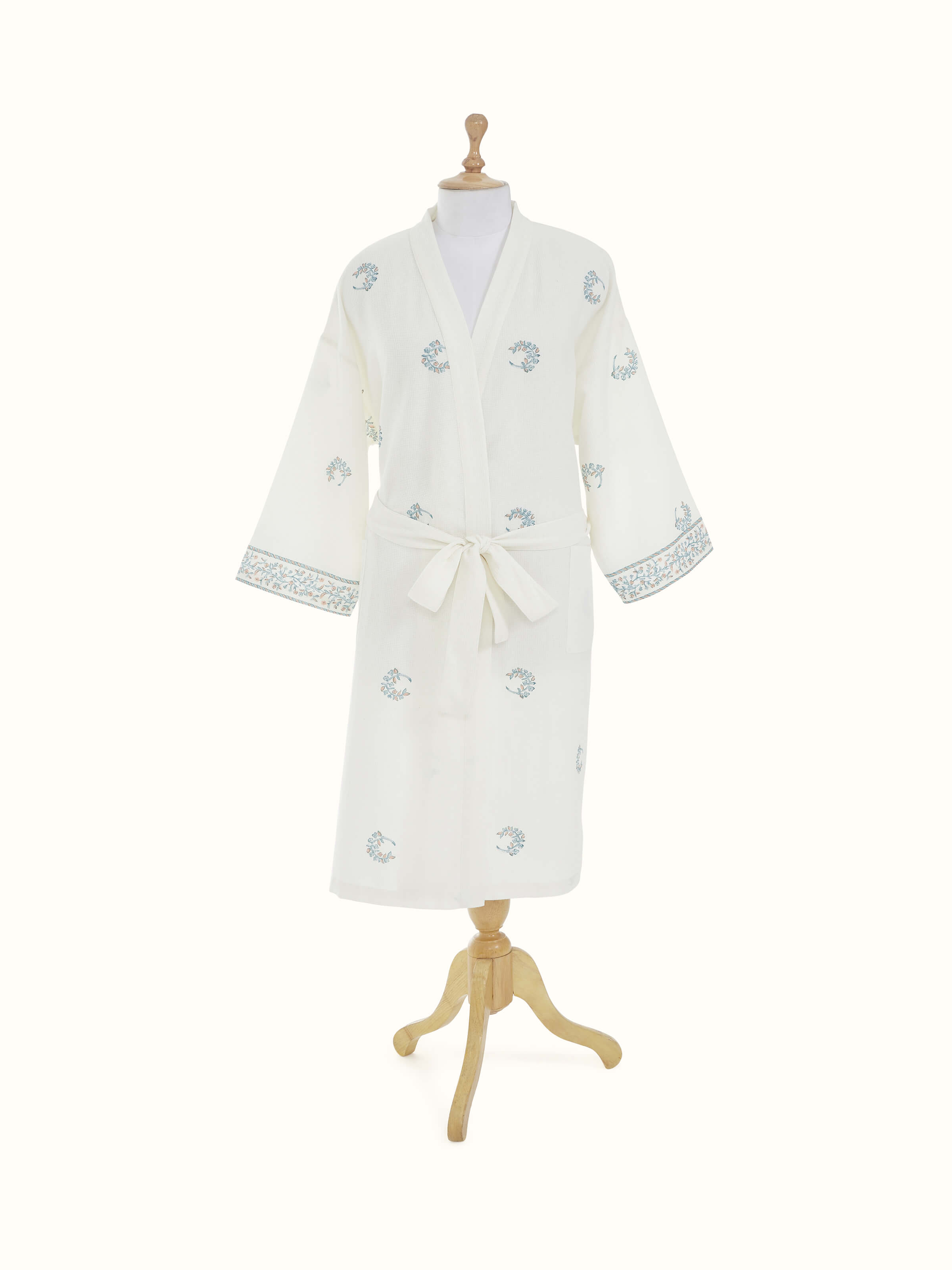 Blue floral cotton Sanganeri block printed bathrobe displayed in full view with detailed floral patterns