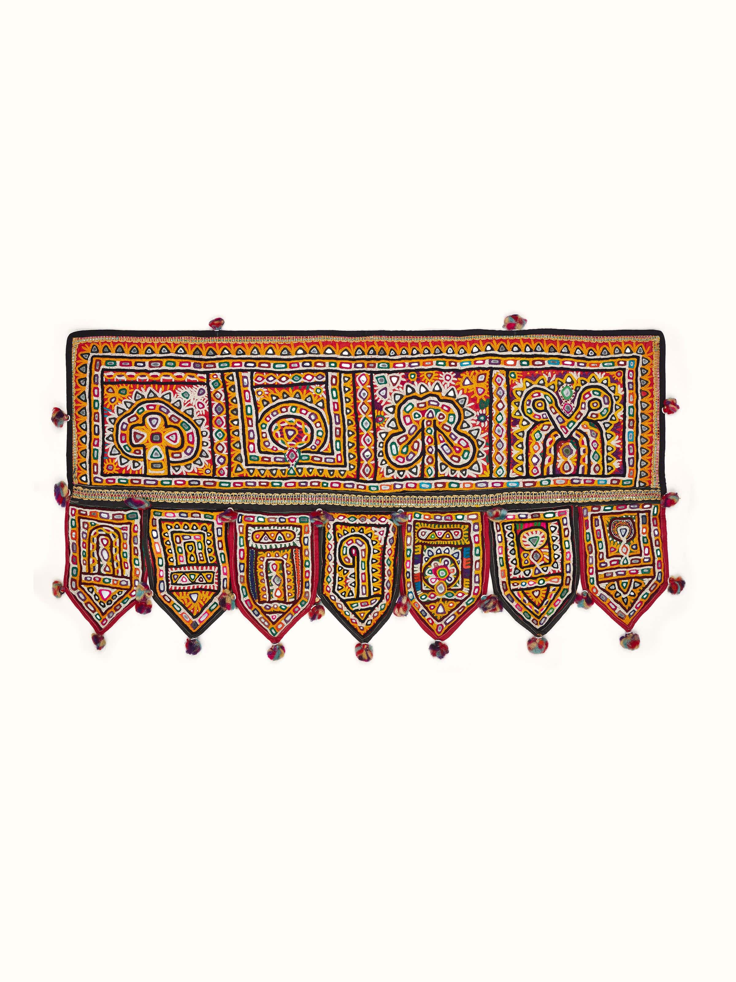 Front view of Kutch Embroidery Geometric Toran, showcasing its intricate patterns and colors
