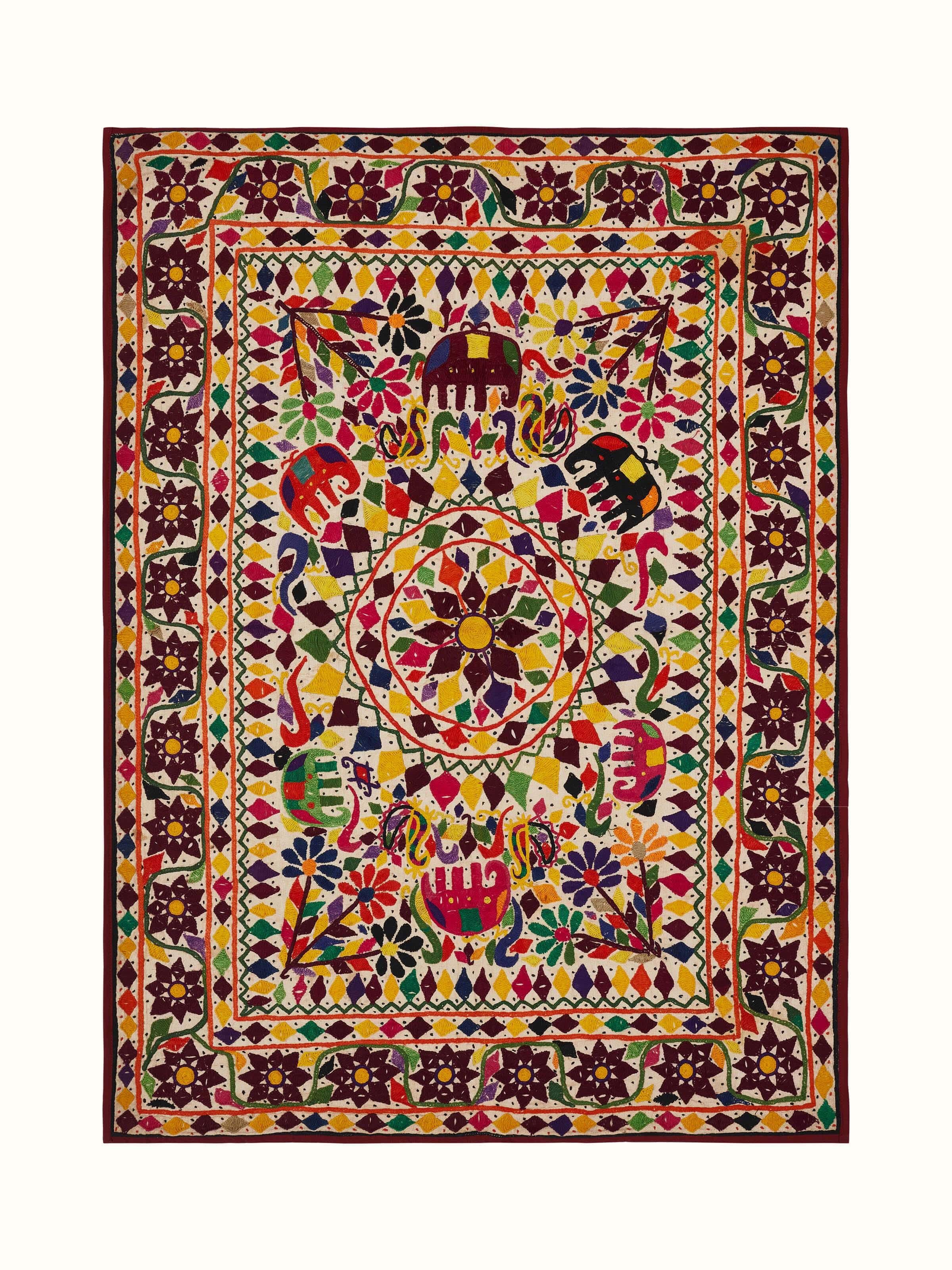 Front view of Kutch Embroidery Flowers & Animals Wall Hanging, highlighting the vibrant embroidery and intricate details