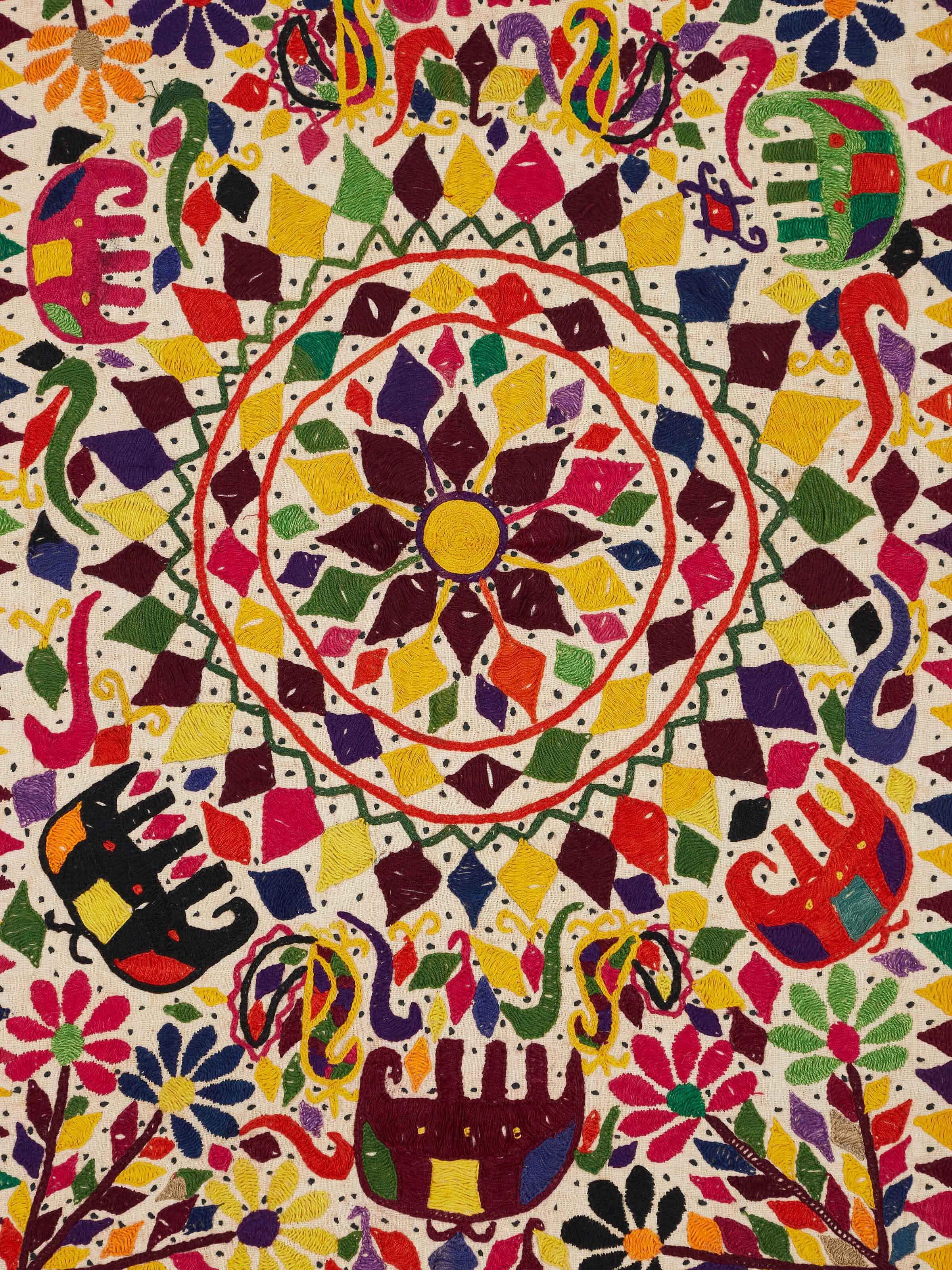 Side view of Kutch Embroidery Flowers & Animals Wall Hanging, displaying the texture and depth of the embroidery work