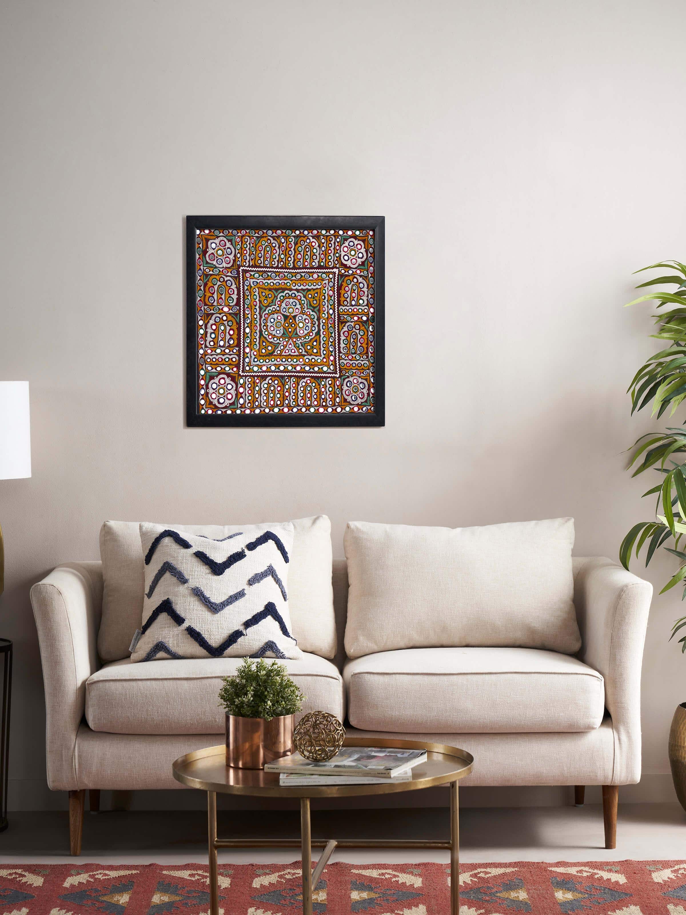 Side view of Kutch Embroidery Trees & Flowers Wall Hanging from Swadesh, highlighting the fine stitching and intricate designs.