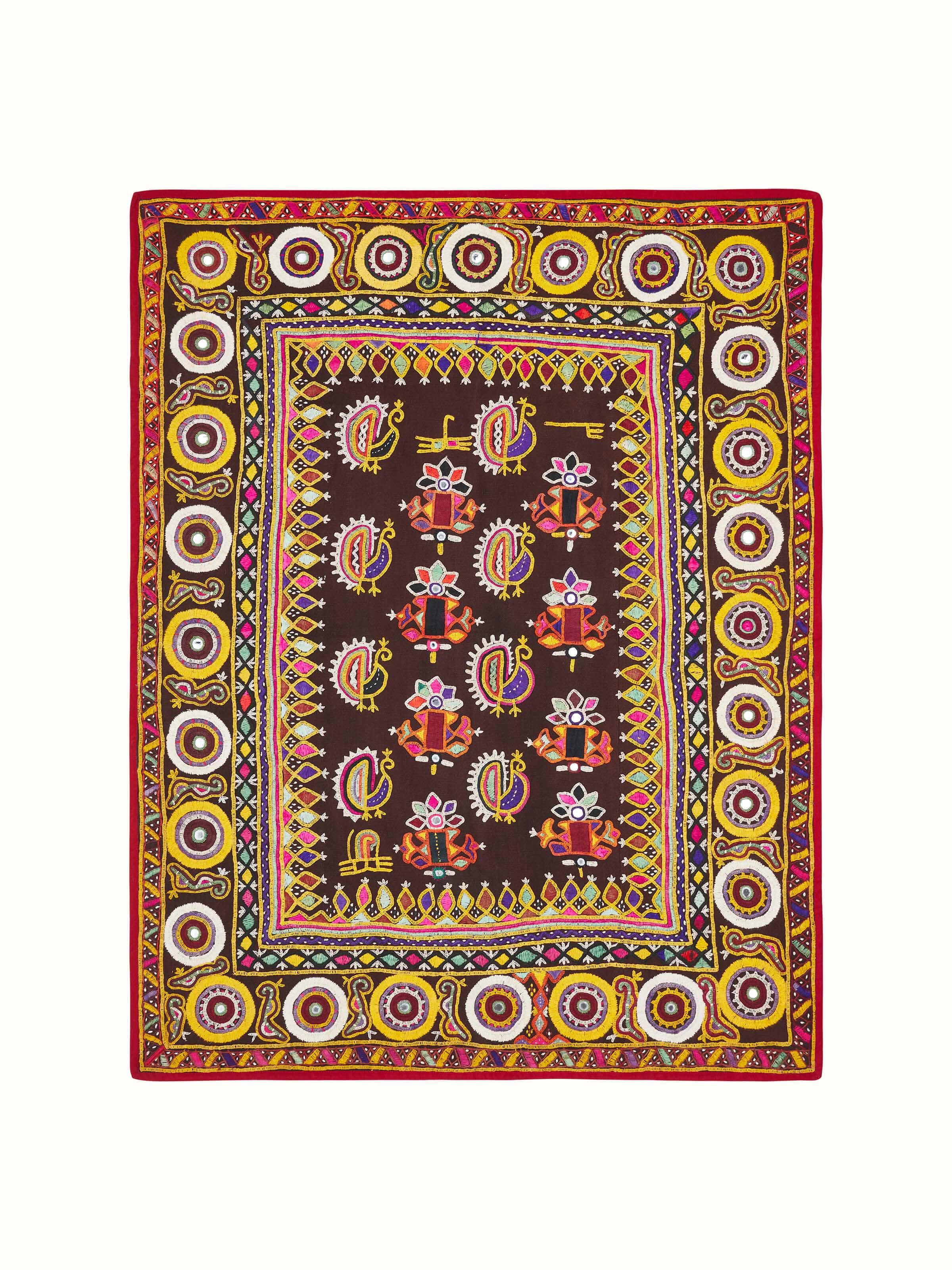 Front view of Kutch embroidery flowers & birds wall hanging showcasing vibrant, detailed embroidery.