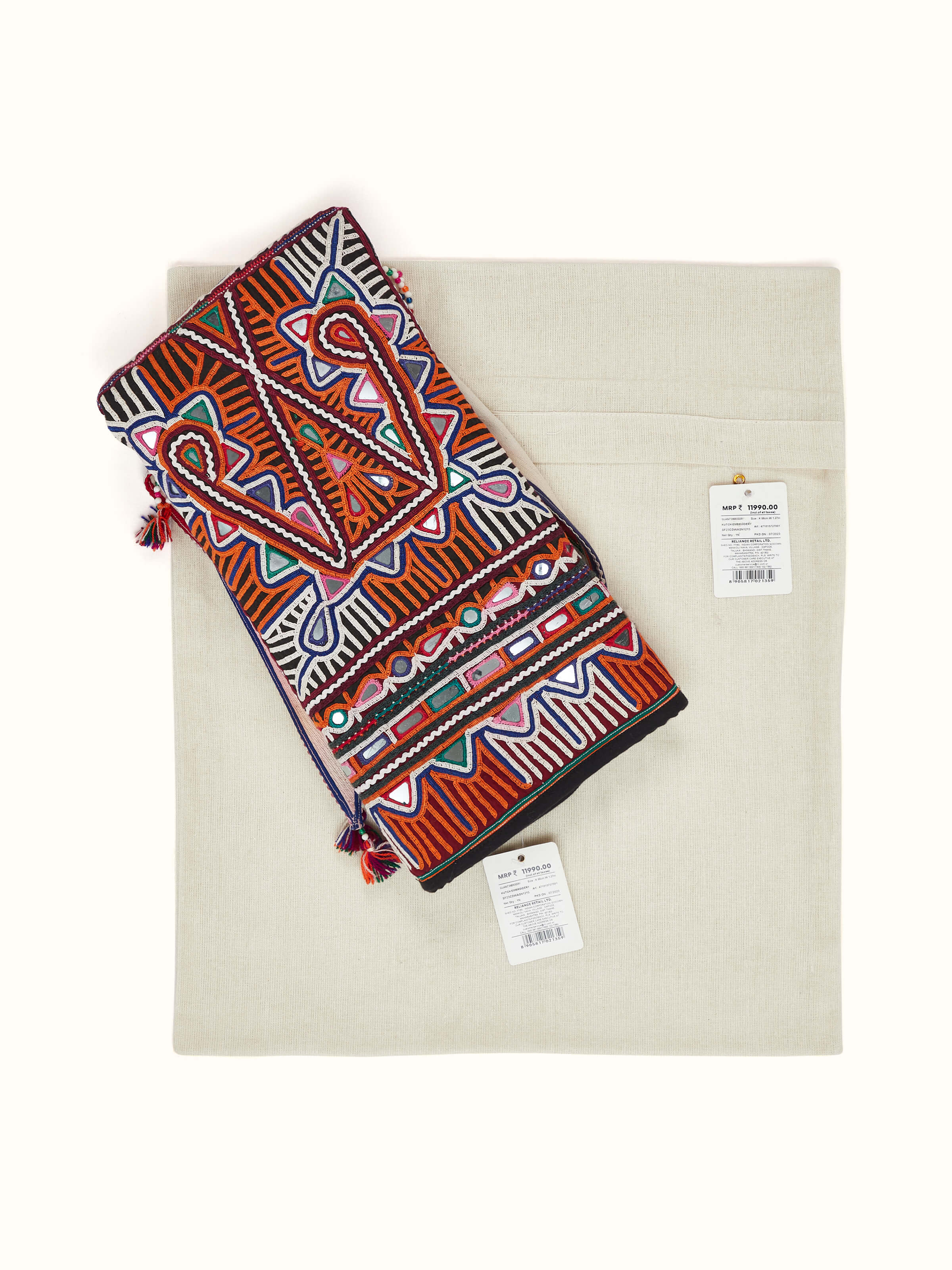 Angled view of Kutch embroidery toran emphasizing the detailed embroidery and design