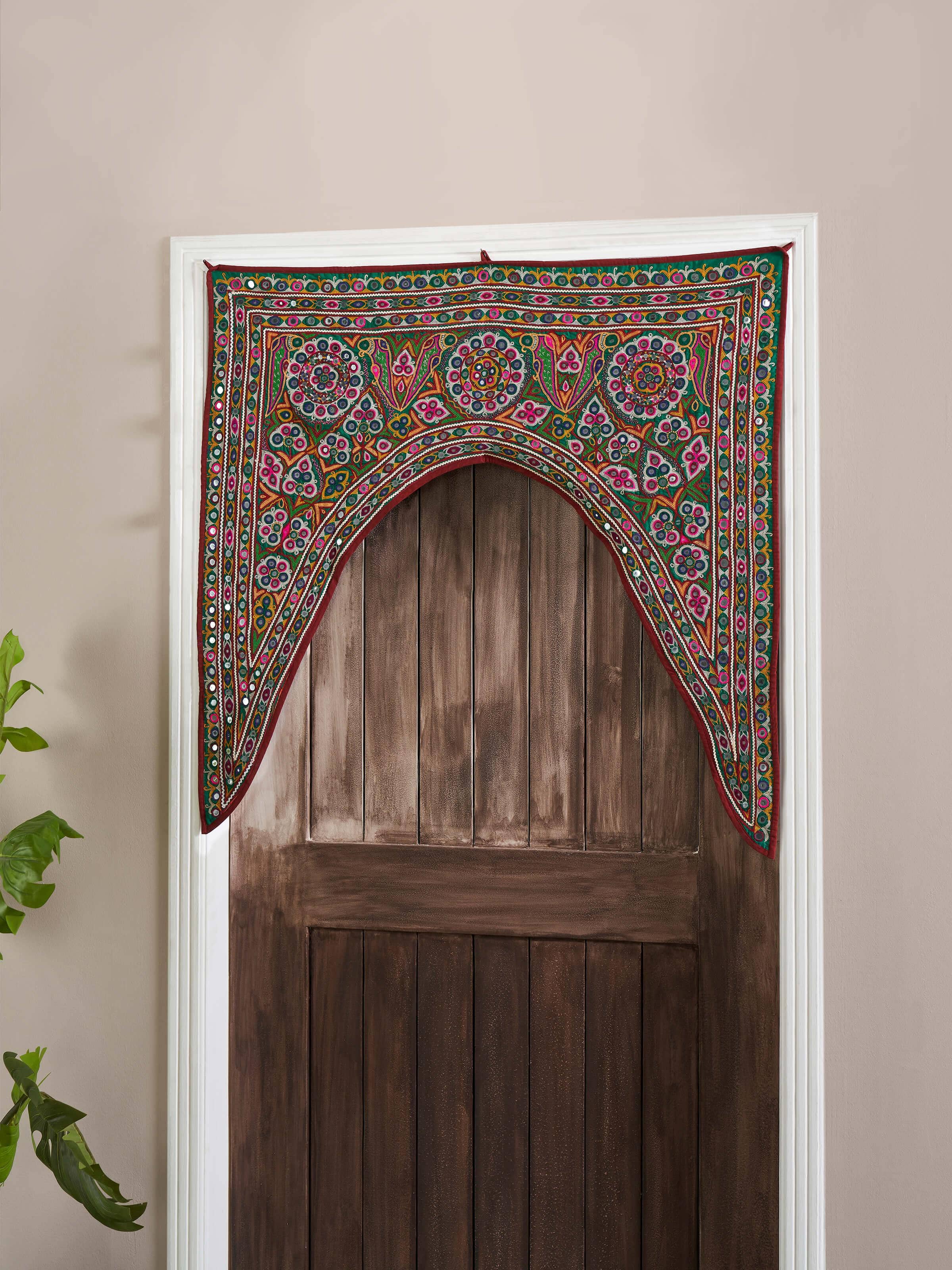 Side view of Kutch Embroidery Geometric Toran displaying the fine stitching and traditional craftsmanship