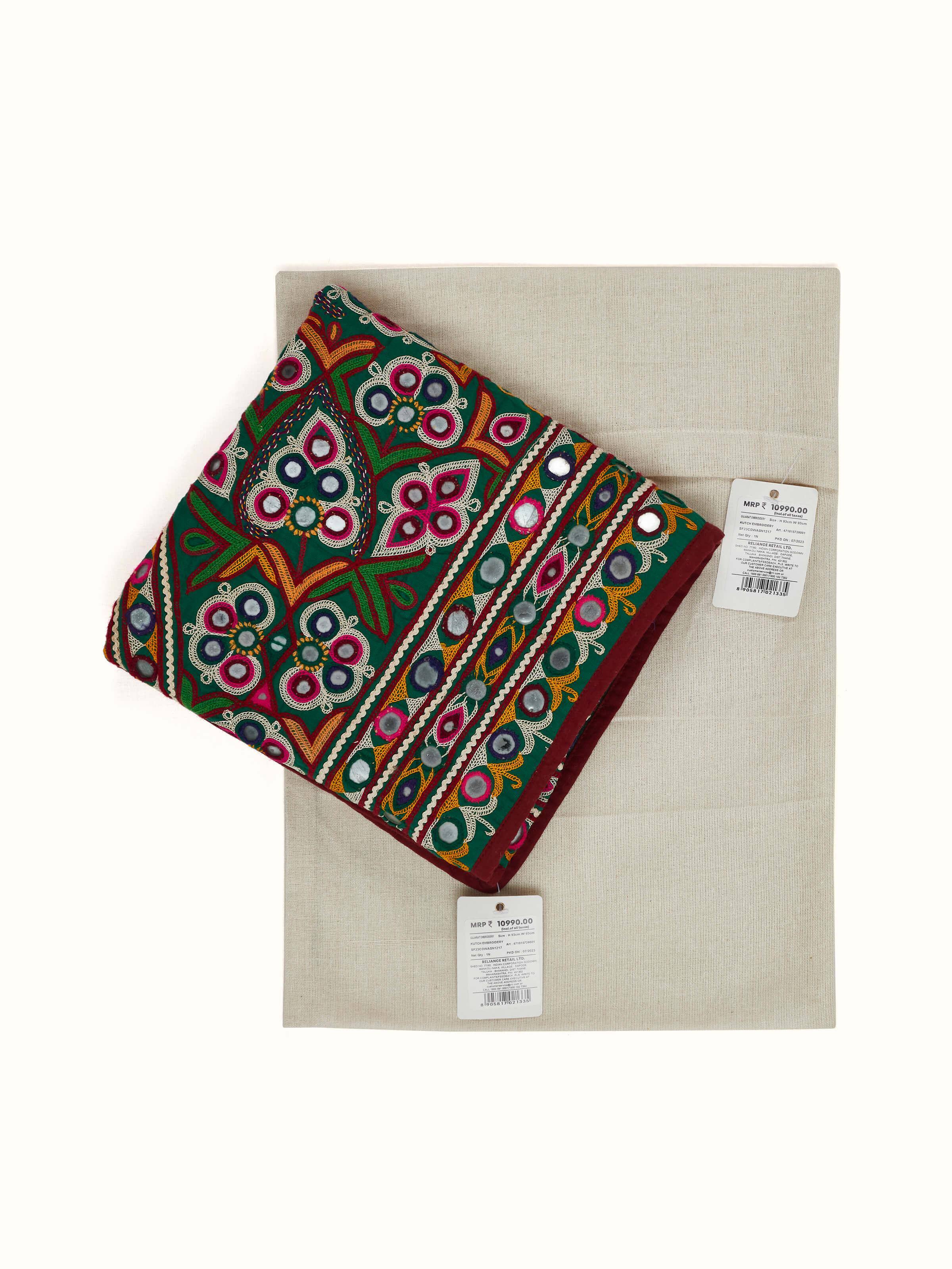 Angled view of Kutch Embroidery Geometric Toran highlighting the vibrant colors and detailed stitching of the traditional fabric