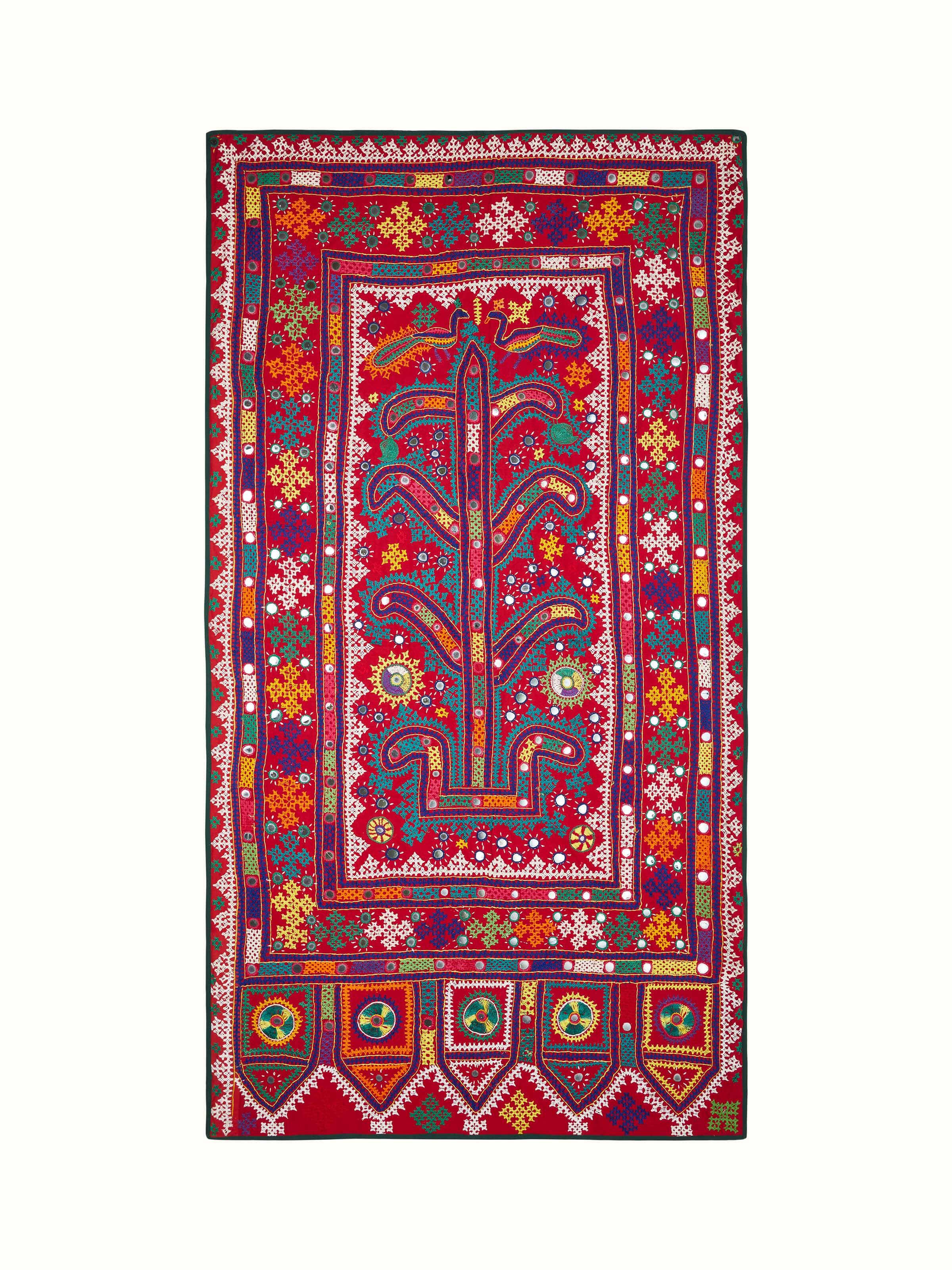 Front view of Kutch embroidery tree & birds wall hanging showcasing detailed craftsmanship