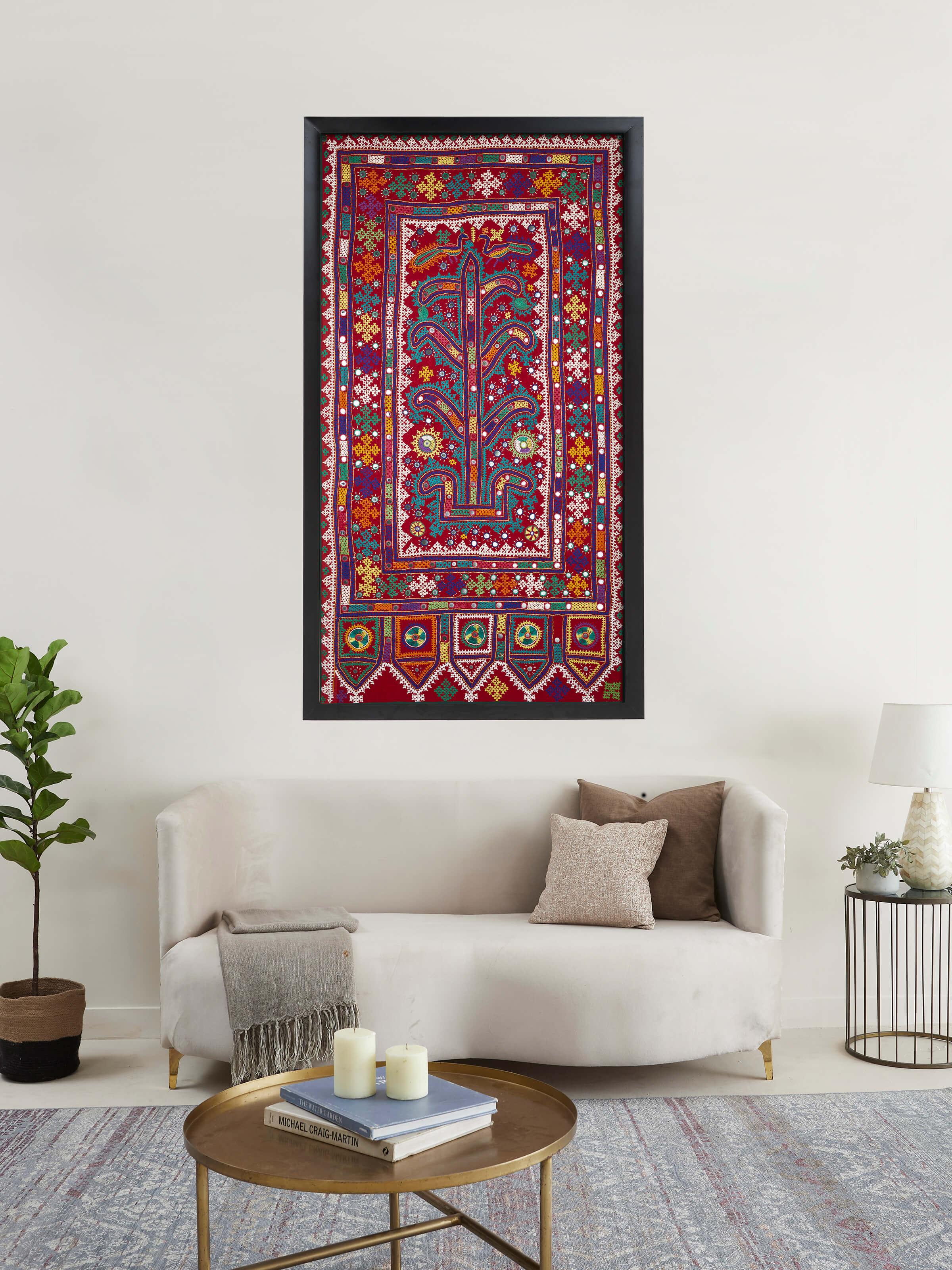 Side view of Kutch embroidery tree & birds wall hanging highlighting intricate embroidery work