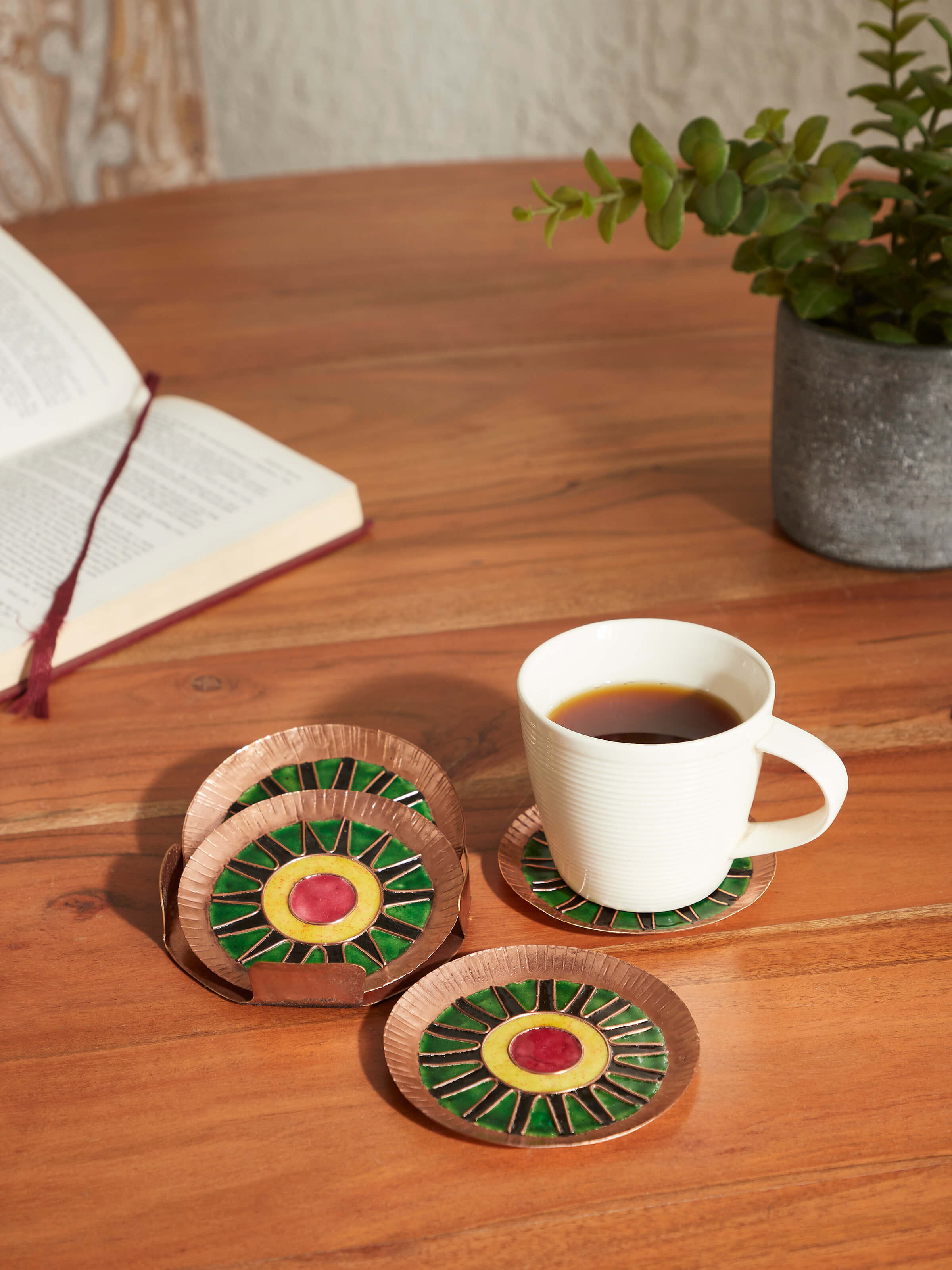 Side view of Copper tea coaster showing detailed craftsmanship and smooth copper surface.