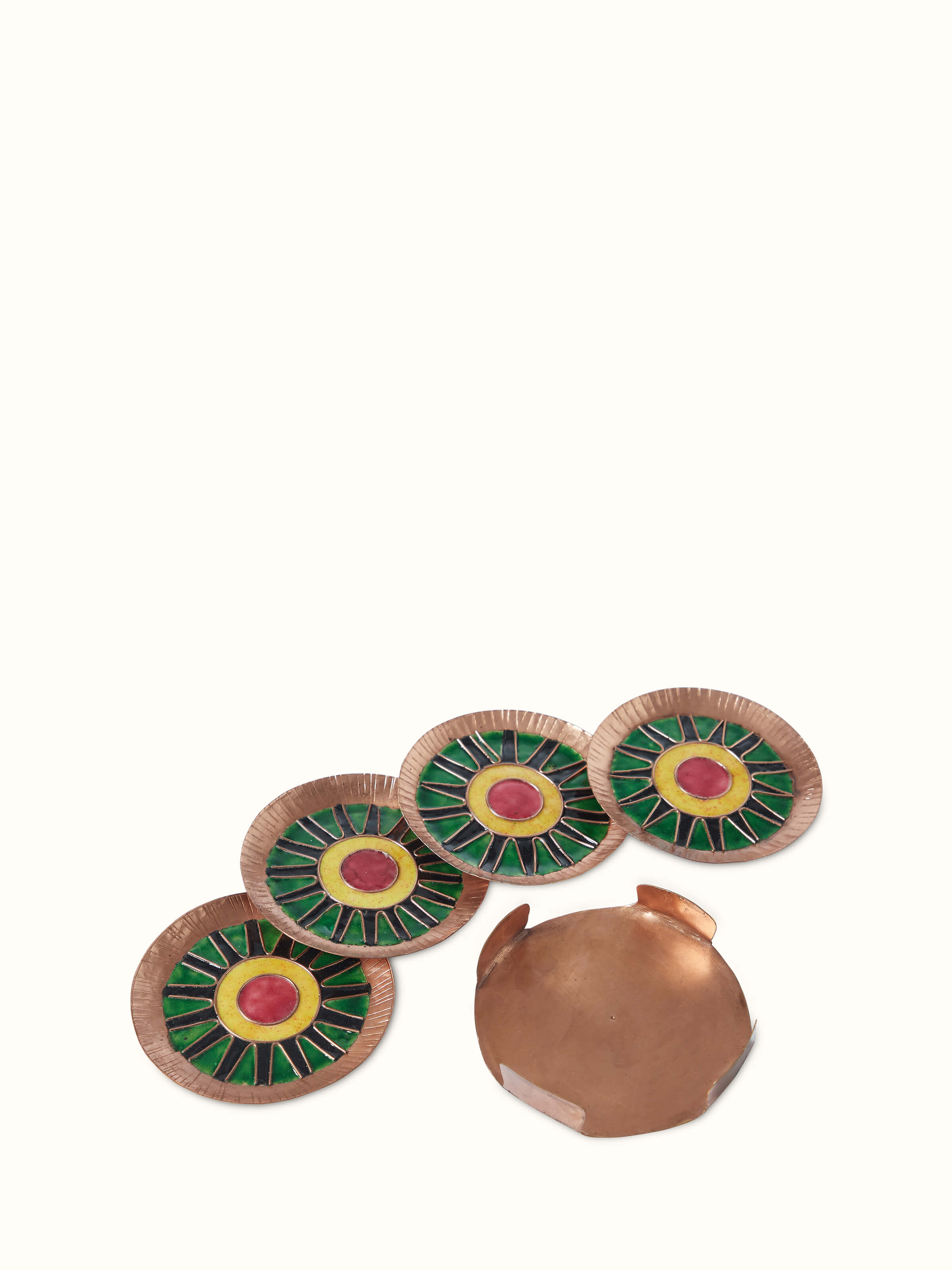 Angle view of Copper tea coaster displaying its design and copper sheen.