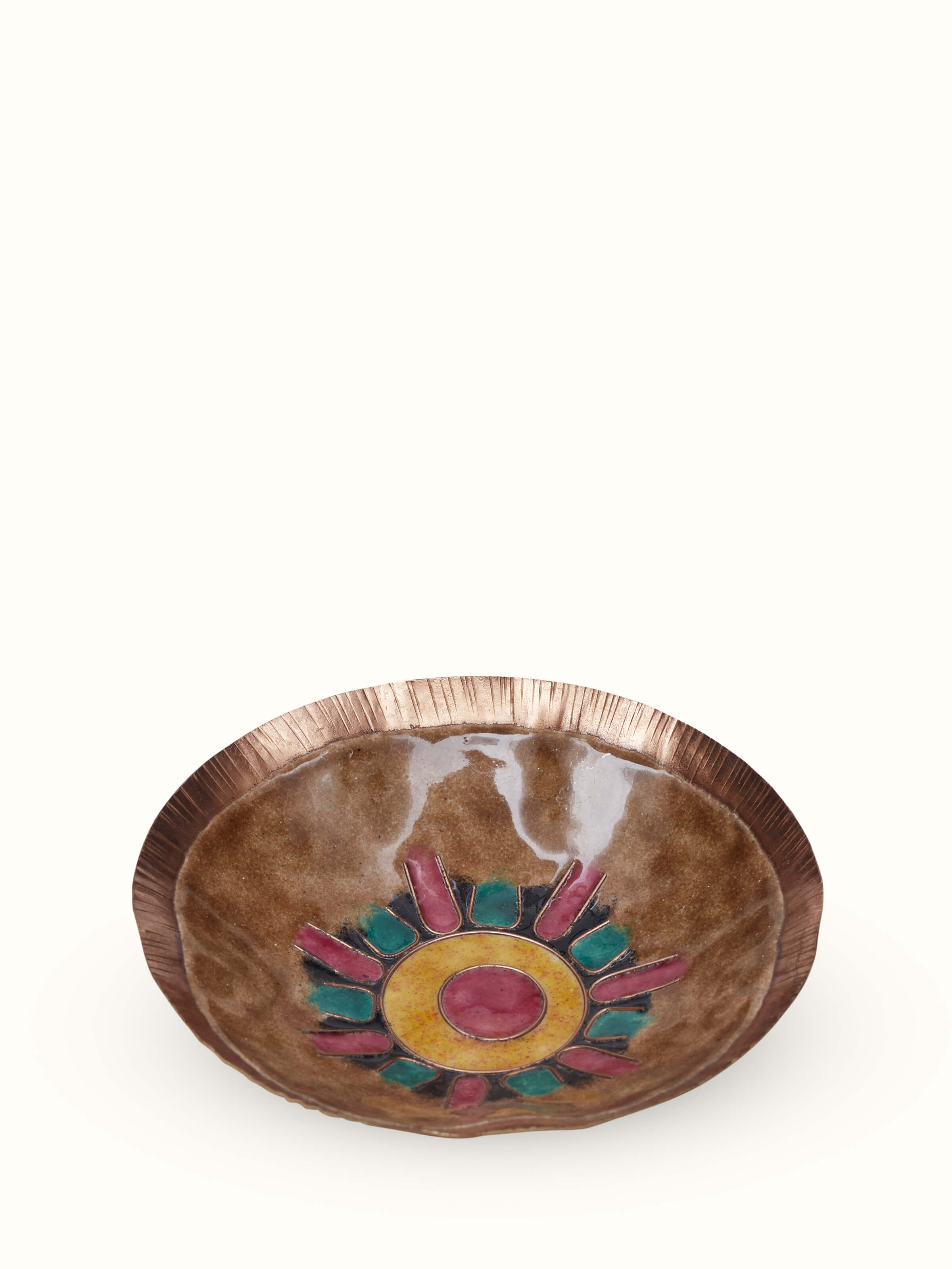 Side view of Copper serving bowl with focus on detailing