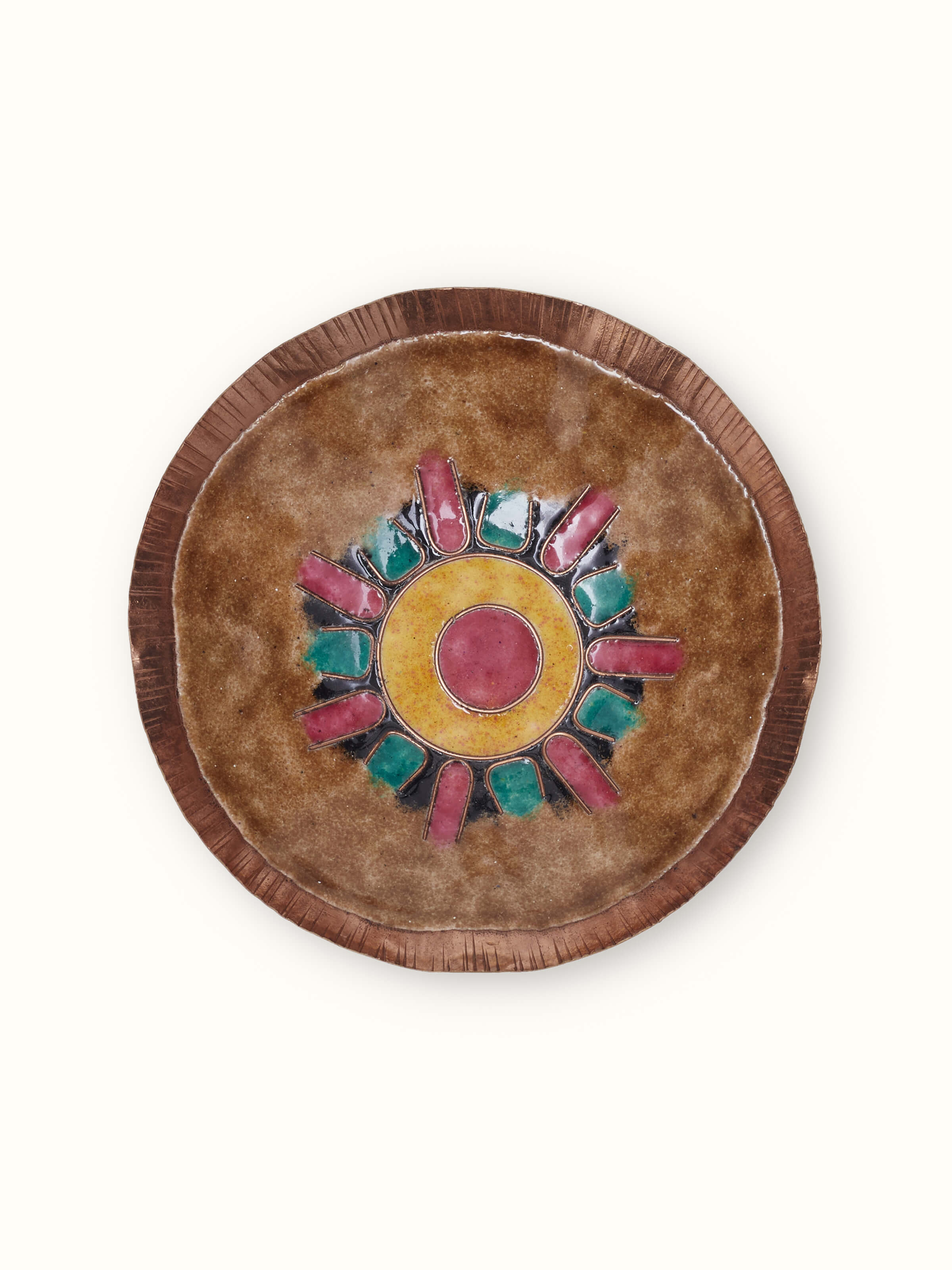 Angled view of Copper serving bowl highlighting its finish and design