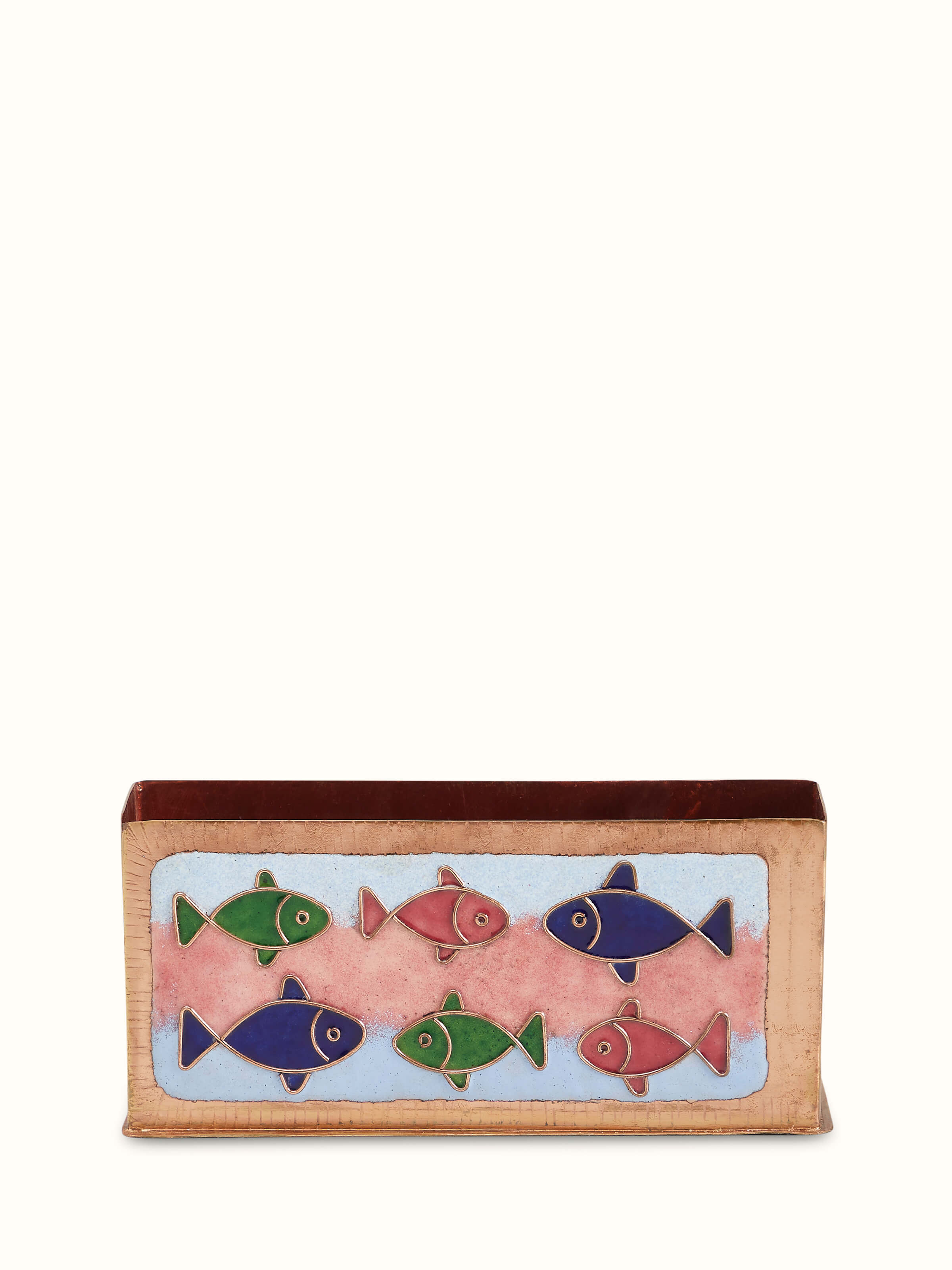 Front view of Copper Fish Motif Pen Holder, highlighting the unique fish design and polished copper finish.