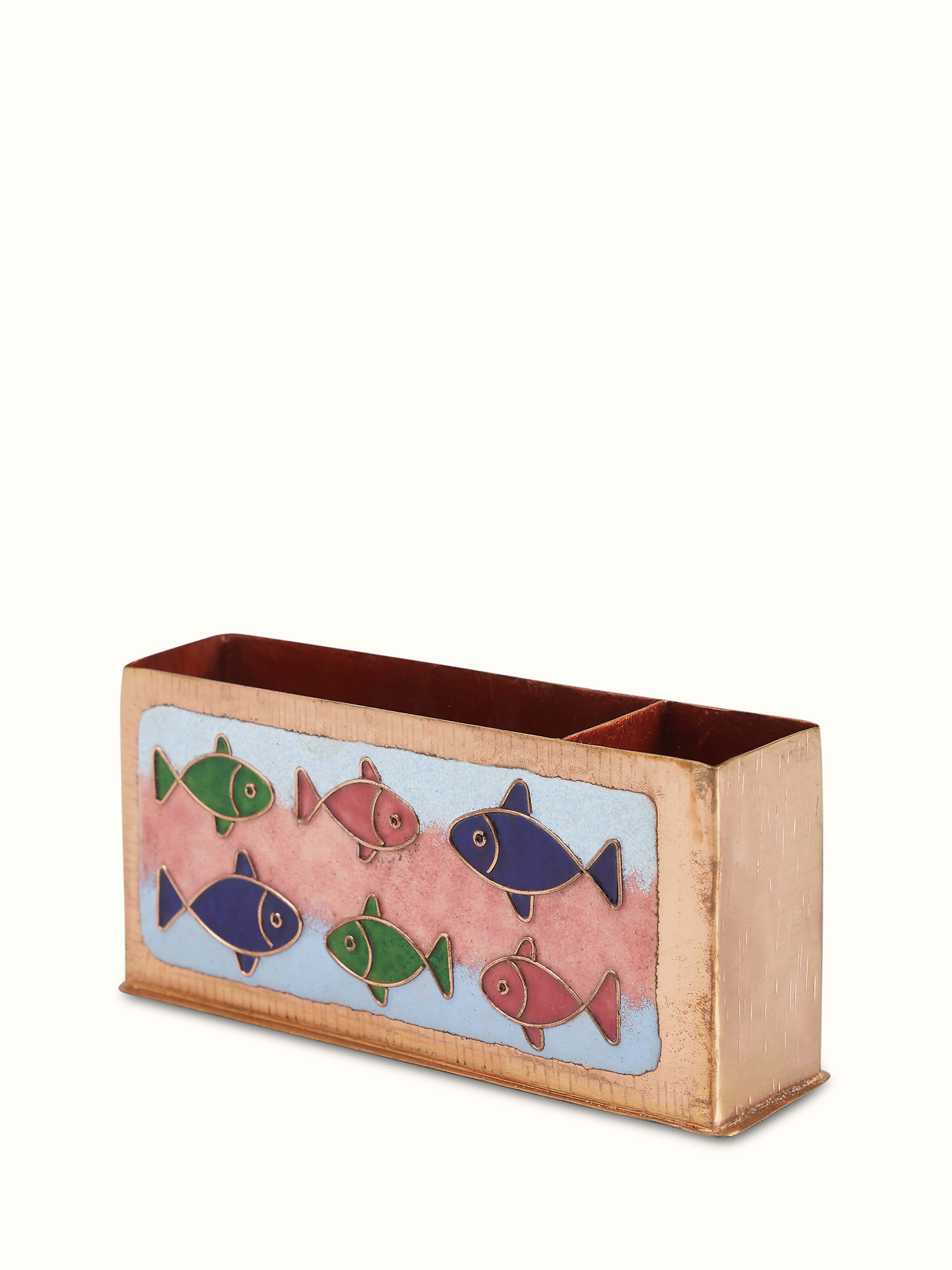 Angled view of Copper Fish Motif Pen Holder, emphasizing the fine copper finish and delicate fish design details.
