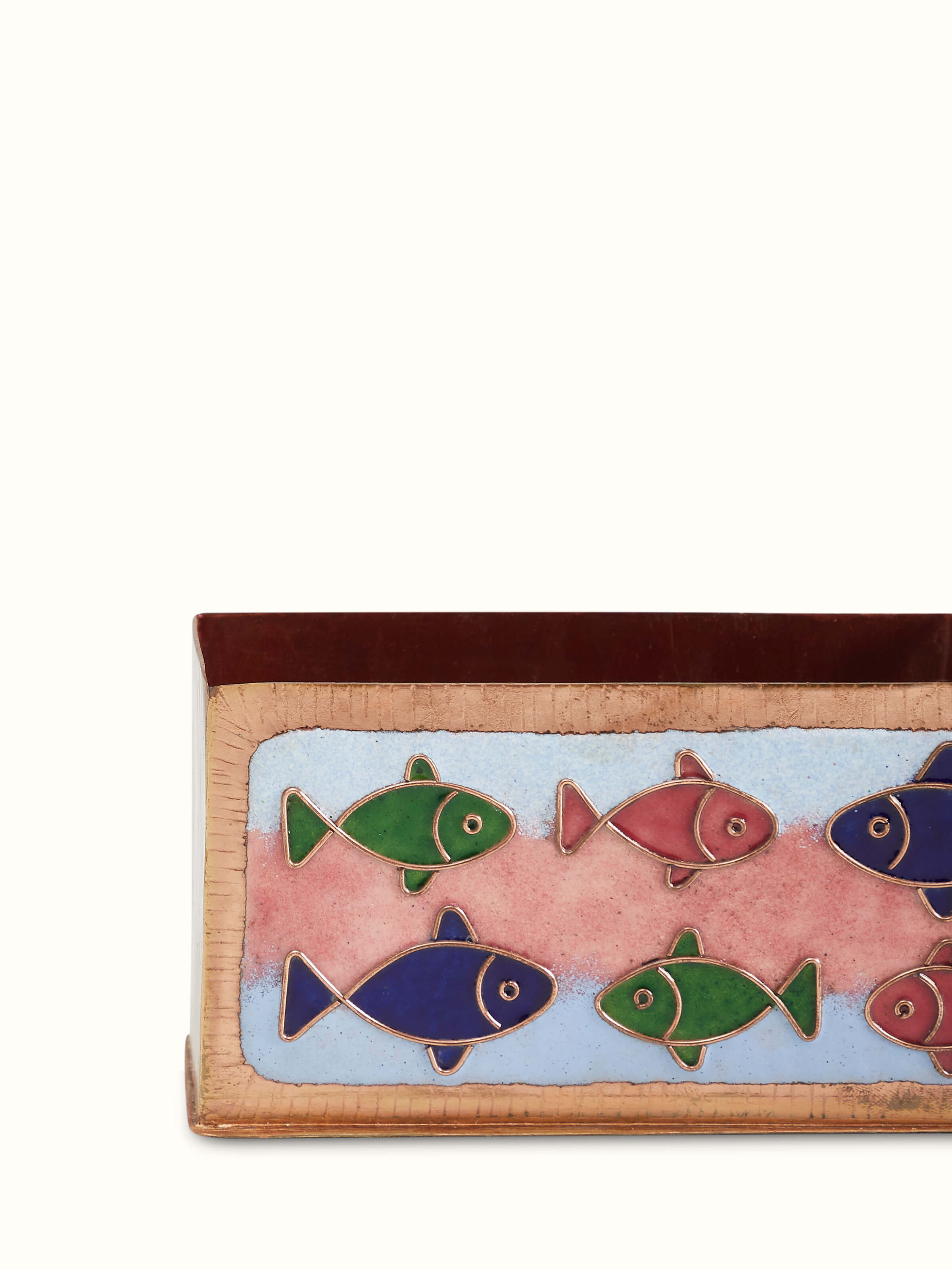 Close-up view of Copper Fish Motif Pen Holder, focusing on the intricate fish motifs and smooth copper texture.